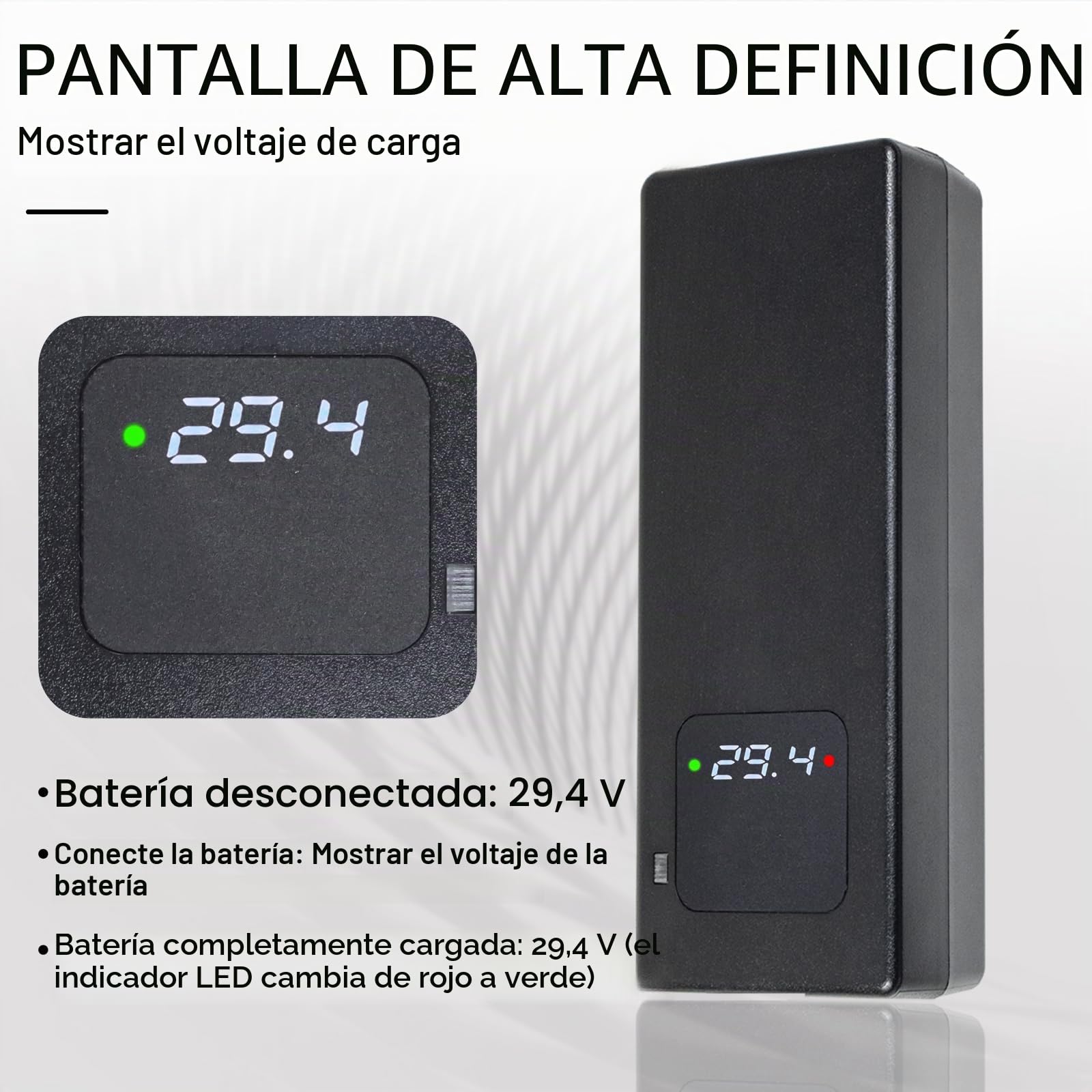 Cargador de batería de 29,4 V, 4 A, para batería de litio de 24 V, con pantalla LED y múltiples funciones de protección y reparación, equipado con conectores RCA de 8 mm, CC 5,5 x 2,1 mm