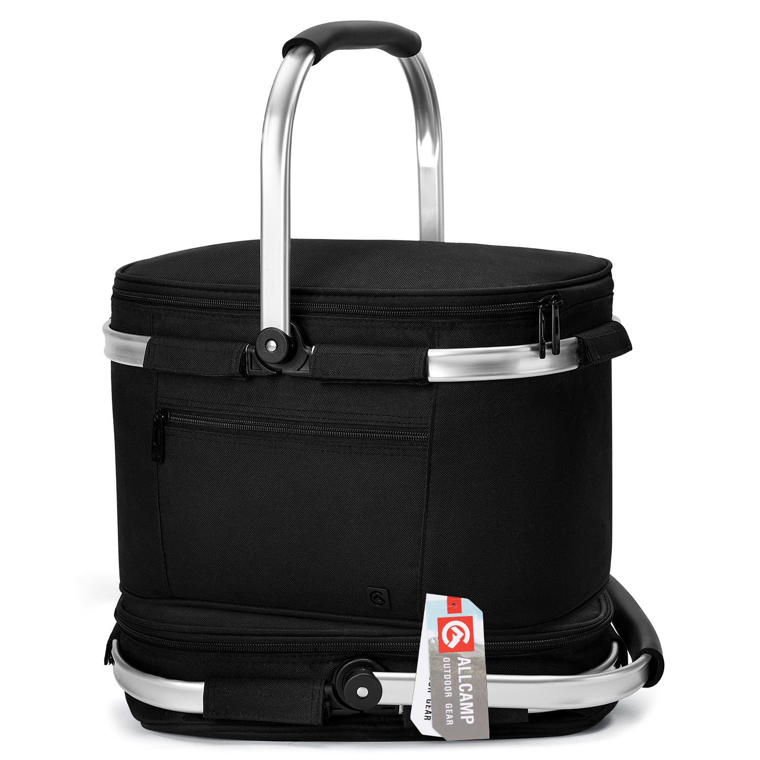 ALLCAMP Cestino Picnic Pieghevole - Cestino Per la Termico per Alimenti Freddi con Coperchio,Cestino Picnic Rimovibile,Cestino Termico con Telaio in Alluminio,Borsa Frigo Spesso（Piccolo-nero）
