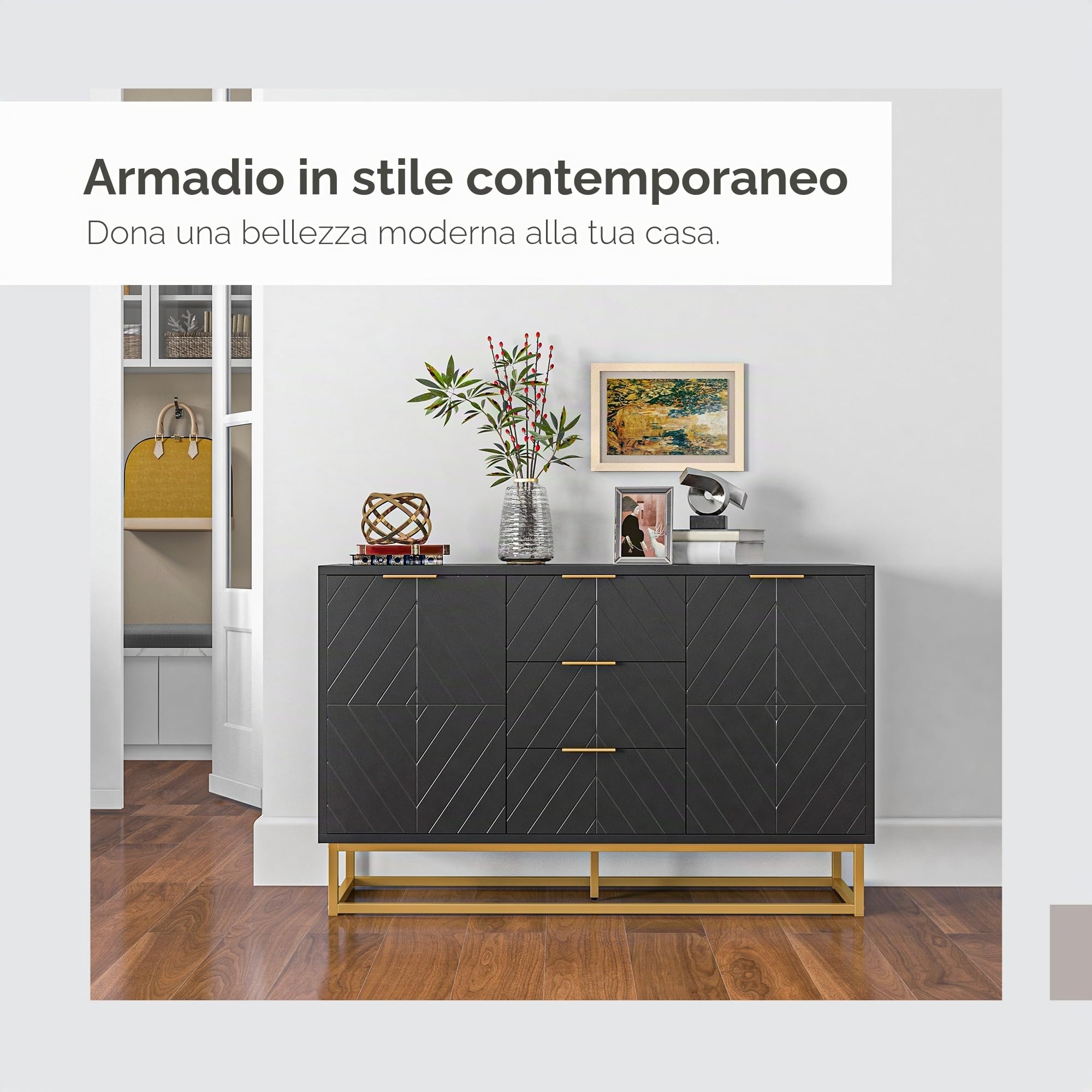 HOMCOM Credenza dal design grafico contemporaneo 2 armadi con ripiani regolabili 3 cassetti scorrevoli in legno nero e metallo dorato