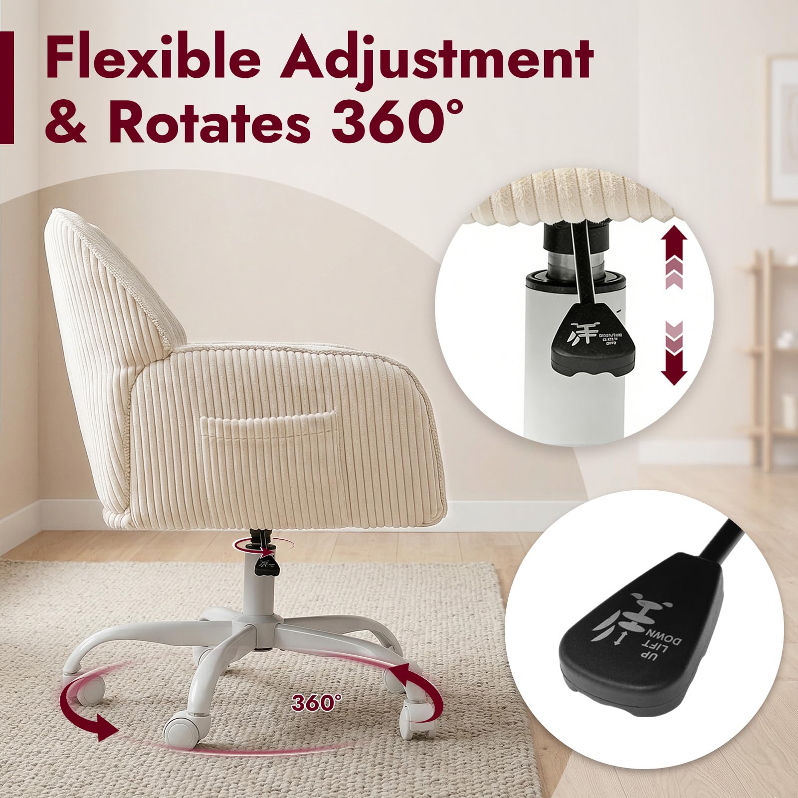 Bürostuhl Schreibtischstuhl Homeoffice Stuhl Schminktisch Stuhl – Sherpa- & Cordstoff, Ergonomisch mit Armlehnen, Höhenverstellbar,360° Drehbar, Leise Rollen, Breiter Sitz, Stabil, Weiß | Gepolsterter Schminkstuhl mit Seitentasche und Rollen, höhenverstel