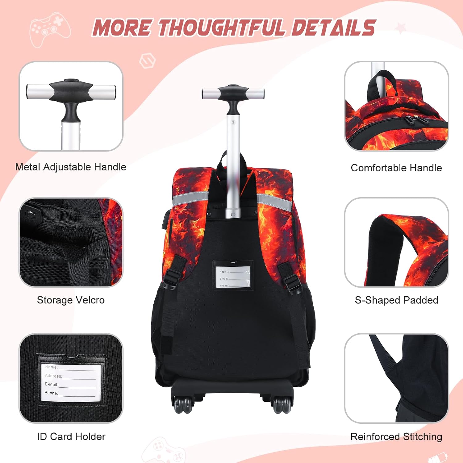 Scothen 3PCS Rolling Backpack for Boys, Cool Gamer Roller Backpack with Wheels, Kids Boy Wheeled Backpacks with Lunch Bag Pencil Case for Teens Bookbag Kindergarten Elementary Middle School image 4