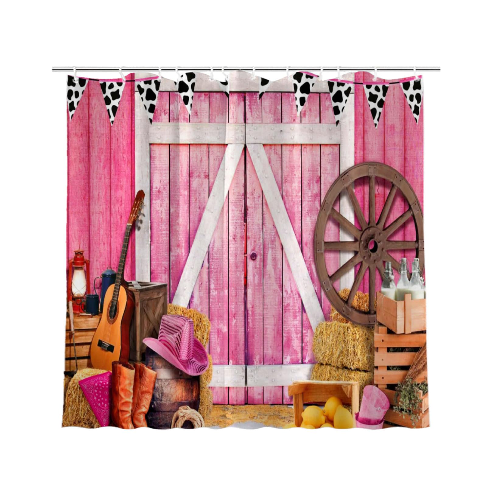 DLTAY Western Cowgirl Shower Curtain for Bathroom, Pink Western Rustic Wooden House Barn Waterproof Home Bathtubs Curtain Decor Durable Fabric with 12 Hooks, 72x72 inches