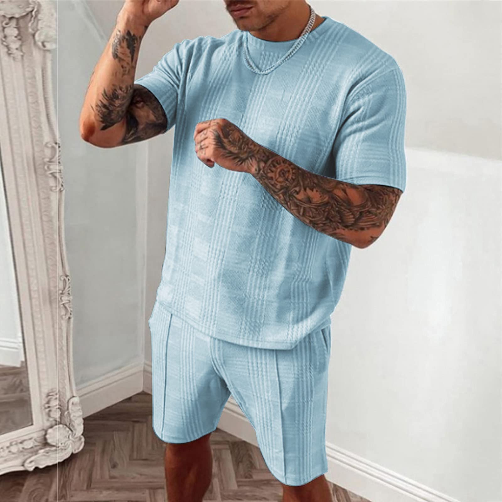 IQYU Tuta sportiva da uomo Urban leggera a righe, vestibilità normale, traspirante, con coulisse, per il tempo libero, traspirante, in materiale elasticizzato, Blu, XXXL