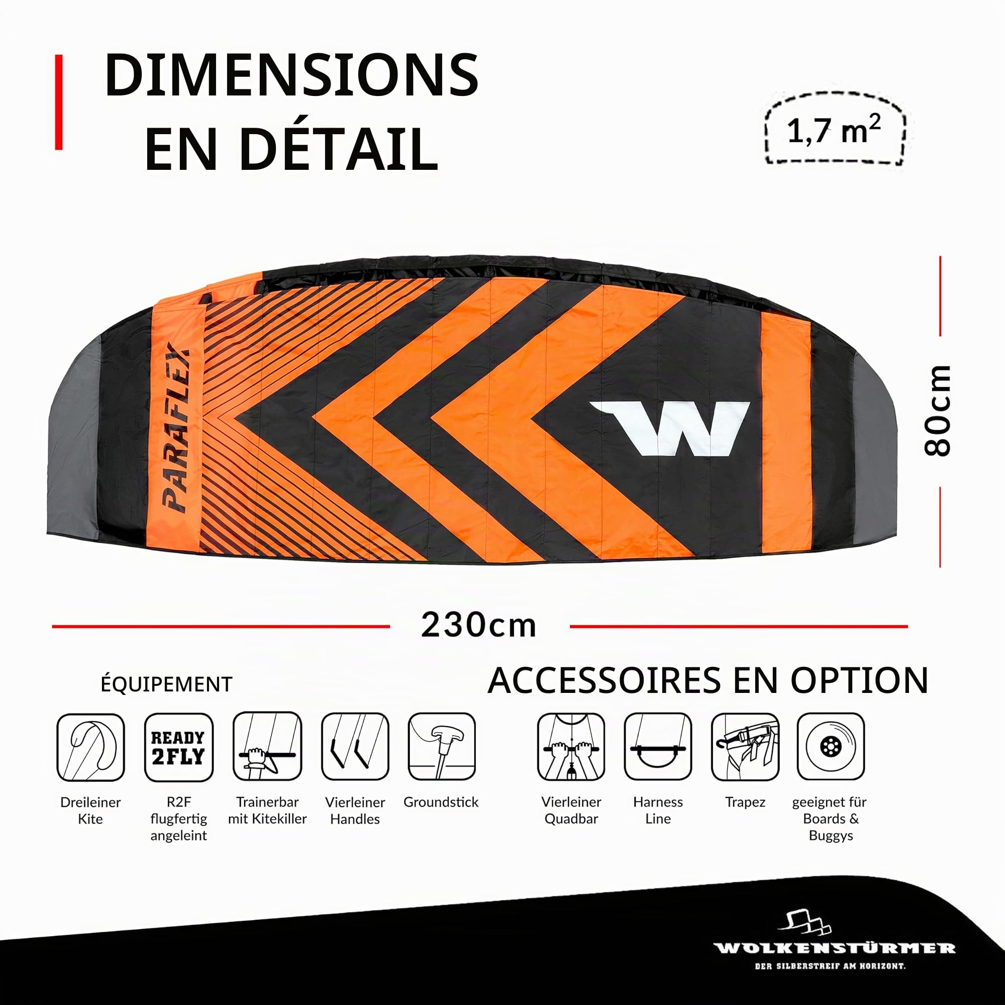 Wolkenstürmer Paraflex Trainer 2.3 Aile de Kitesurf - Noir/Orange - 3 Lignes cerf-Volant en complément Mountain Board - Aile de Traction