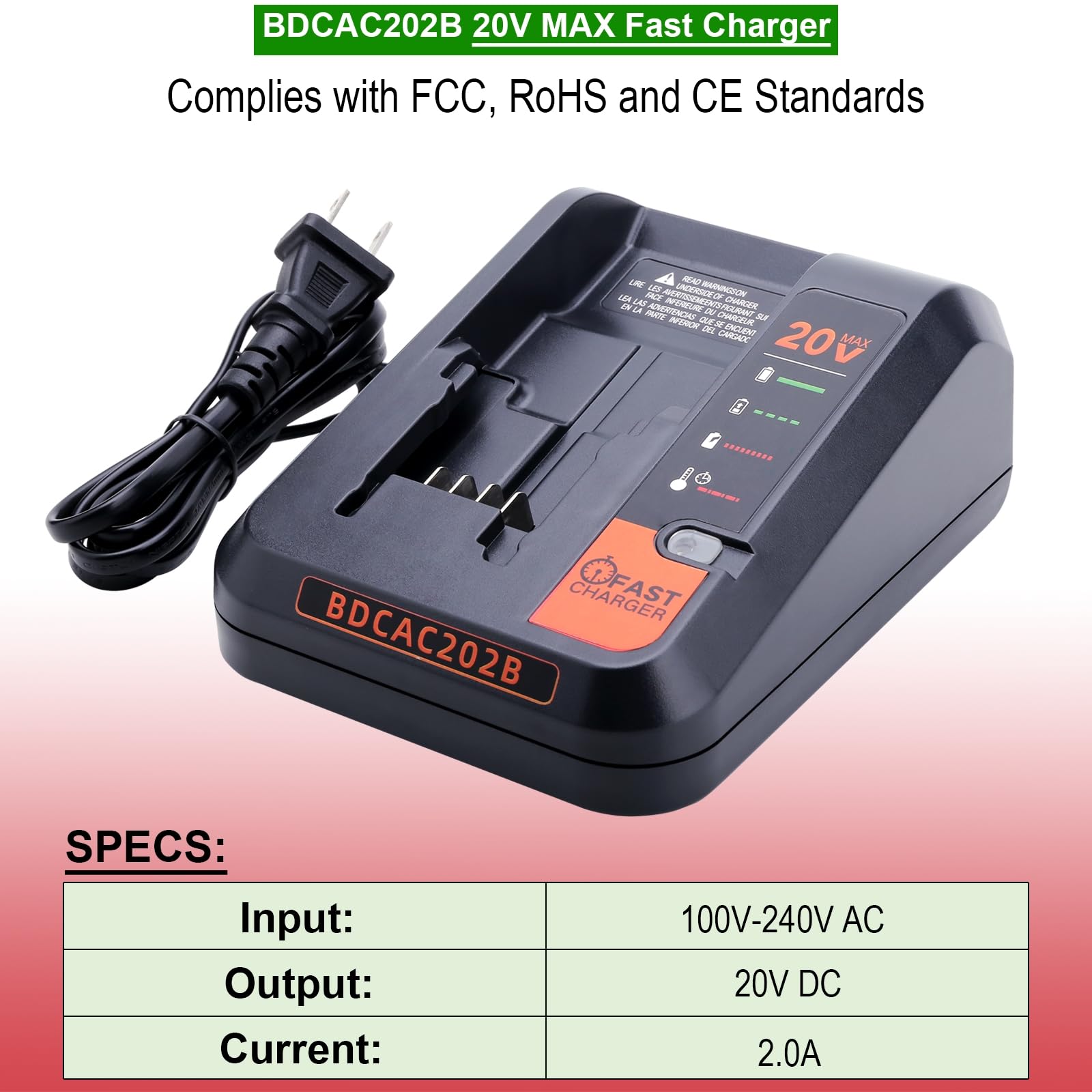 Kekepowtobat BDCAC202B 2.0A Charger Replacement Compatible with Black and Decker 20V Lithium Battery Charger, Compatible with 12V MAX and 20V MAX Battery LBXR20 LBXR2020 LBX4020 LBX20