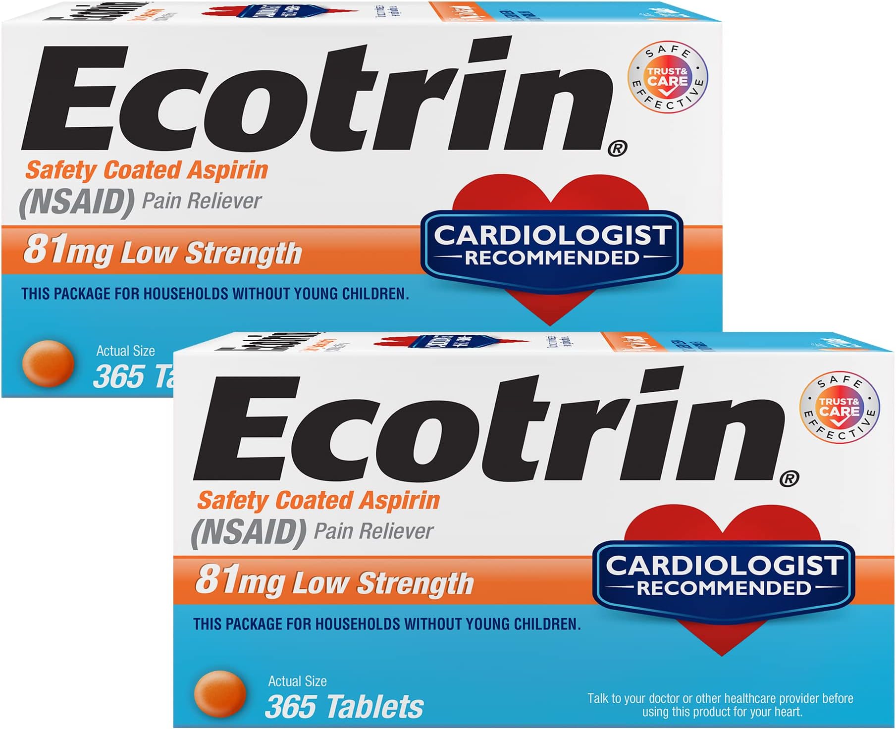 Ecotrin Low Strength Safety Coated Aspirin | NSAID | 81mg | 365 Tablets (2 Pack)