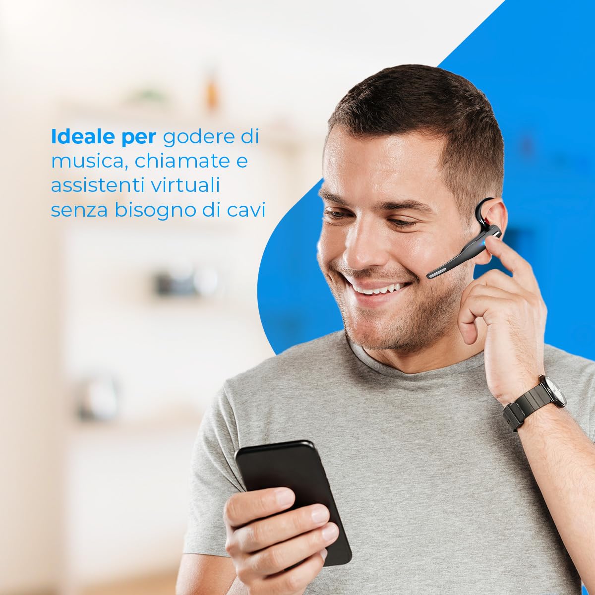 NK Auricolare Bluetooth Singolo Cuffie Bluetooth V5.1 con Microfono e Cancellazione del Rumore, Connessione a Doppio Dispositivo per iPhone, Android e PC - Include Custodia per il Trasporto