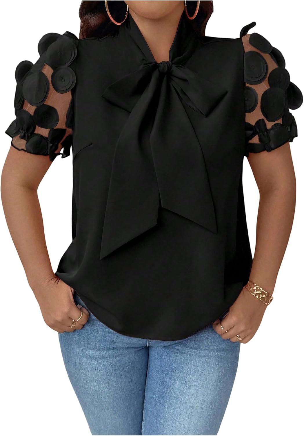 SHENHE Women's Plus Size Bow Tie Neck Blouse Mesh Short Sleeve Dressy Casual Business Work Top