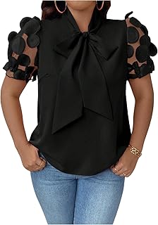 SHENHE Women's Plus Size Bow Tie Neck Blouse Mesh Short Sleeve Dressy Casual Business Work Top