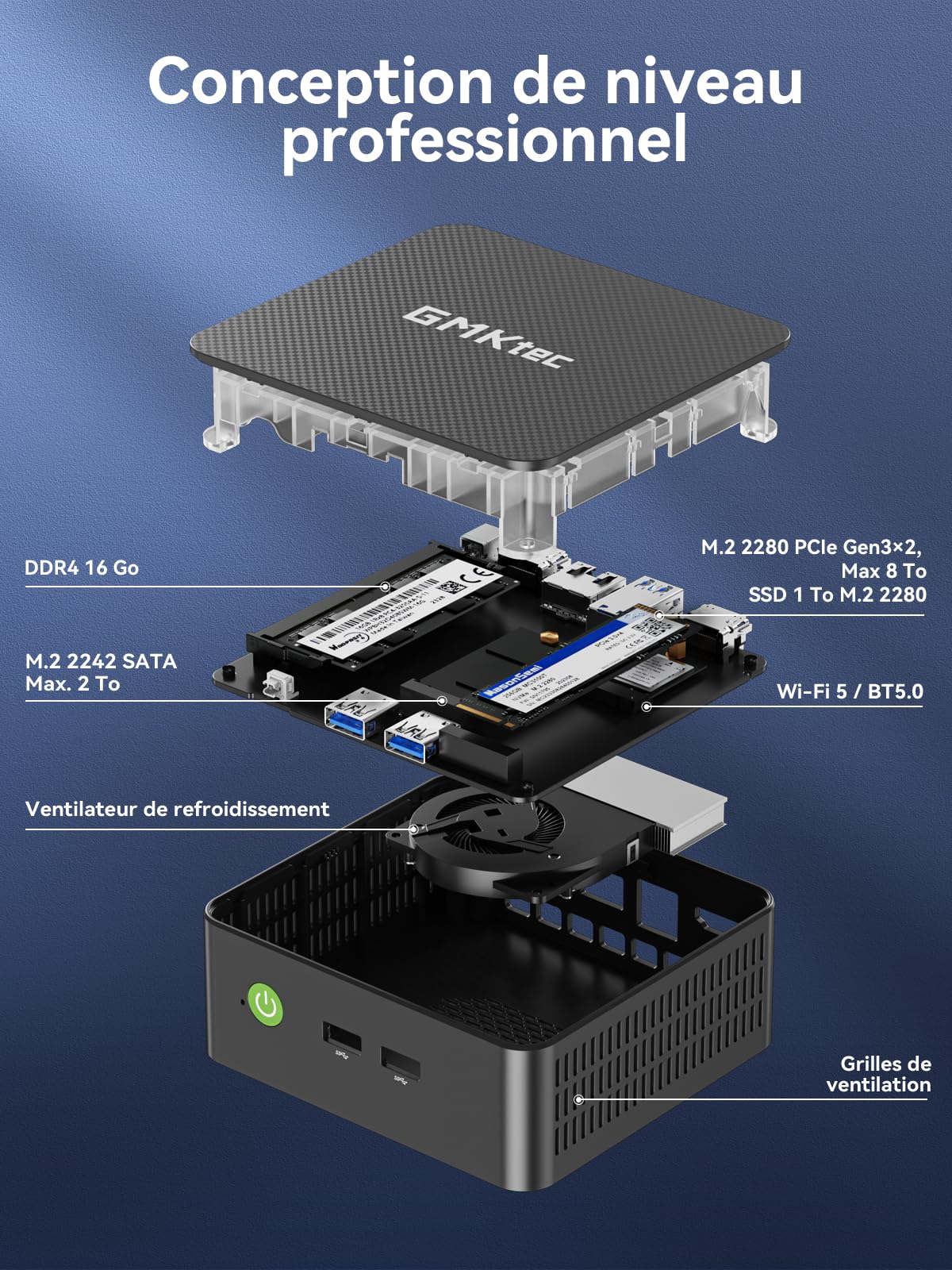 GMKtec Nucbox G3S Mini PC Intel N95 8 Go RAM 256 Go SSD 3x USB 3.2 Double HDMI 4K WiFi 5 BT5.0