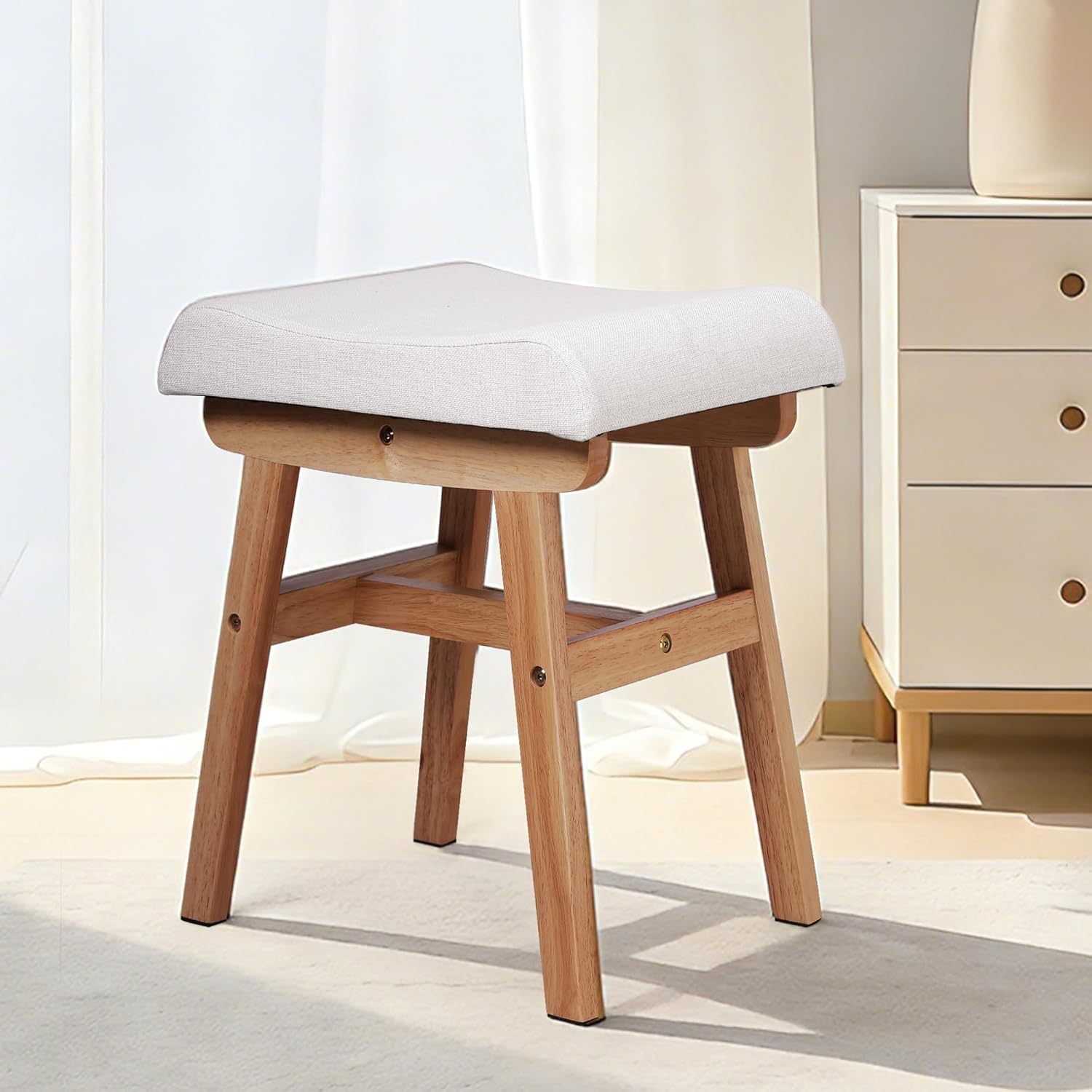 Solid Wood Vanity Stool,17.7 Inch Compact Makeup Chair with Saddle Cushion, Linen-Covered High Rebound Sponge Seat, Easy Assembly Footstool for Bedroom, Entryway, Home, Walnut