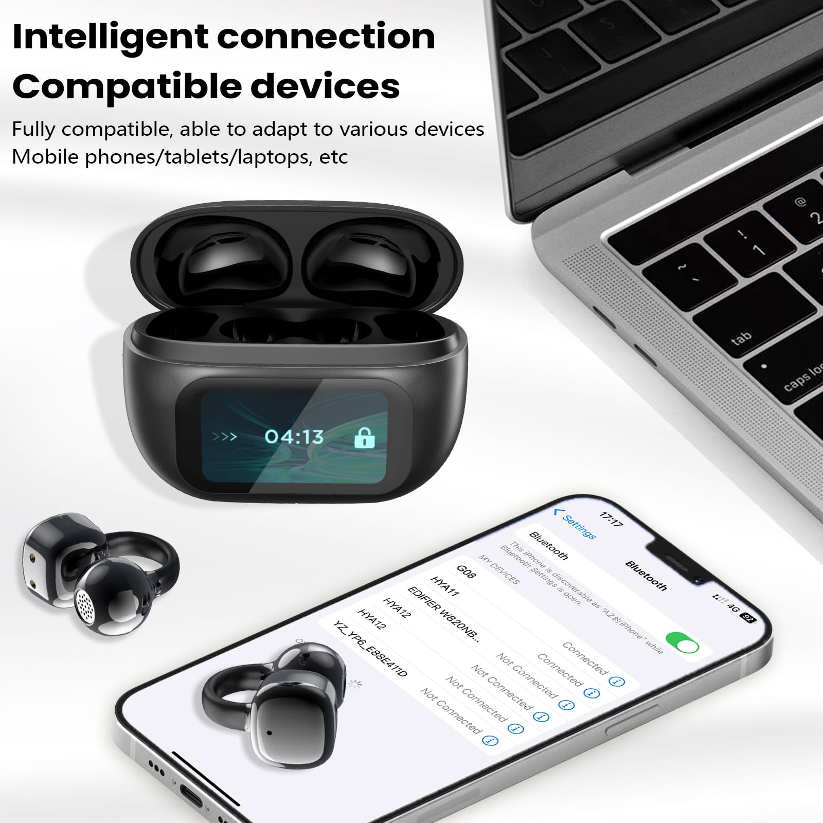 Alutoria Cuffie Auricolari Aperte, Touchscreen Intelligente Auricolare Con Clip, Cuffia Traduzione, 3.7g Ultraleggero Comfort, 65 ore di Riproduzione, Auricolari Open Ear Bluetooth 5.4, NERO