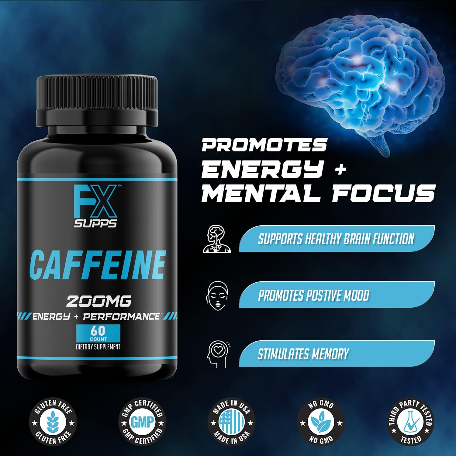 FXSUPPS Caffeine 200mg Pills (2 Pack, 60 Capsules) Fast Acting Energy Supplement for Men and Women | Improves Physical and Mental Focus, Stimulates Memory | Quick Energy Boost & Increases Metabolism