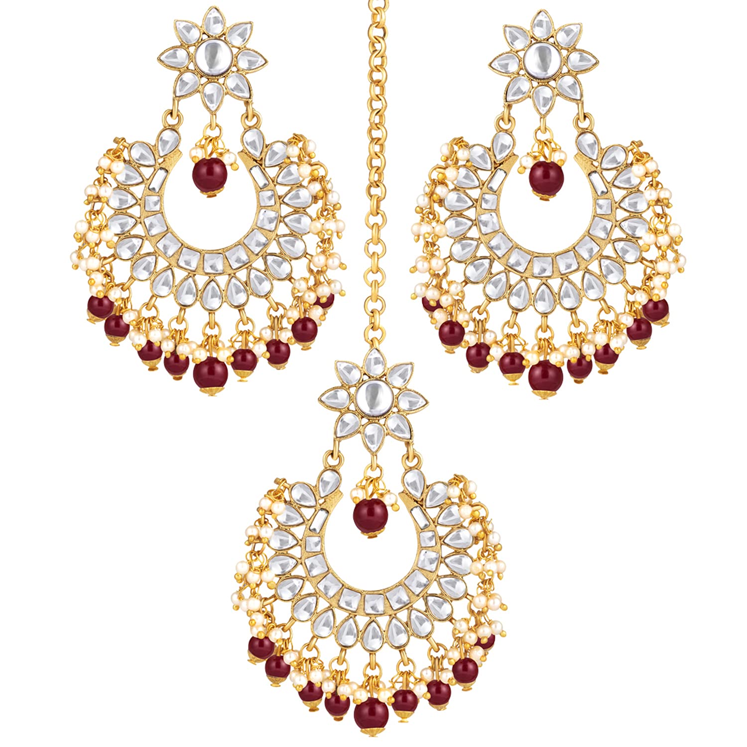 Peora Gold Plated Kundan Pearl Maroon Floral Chandbali Earrings with Maang Tikka Indian Traditional Ethnic Jewellery Set for Women Girls (B08PFXR551) Amazon Price History, Amazon Price Tracker