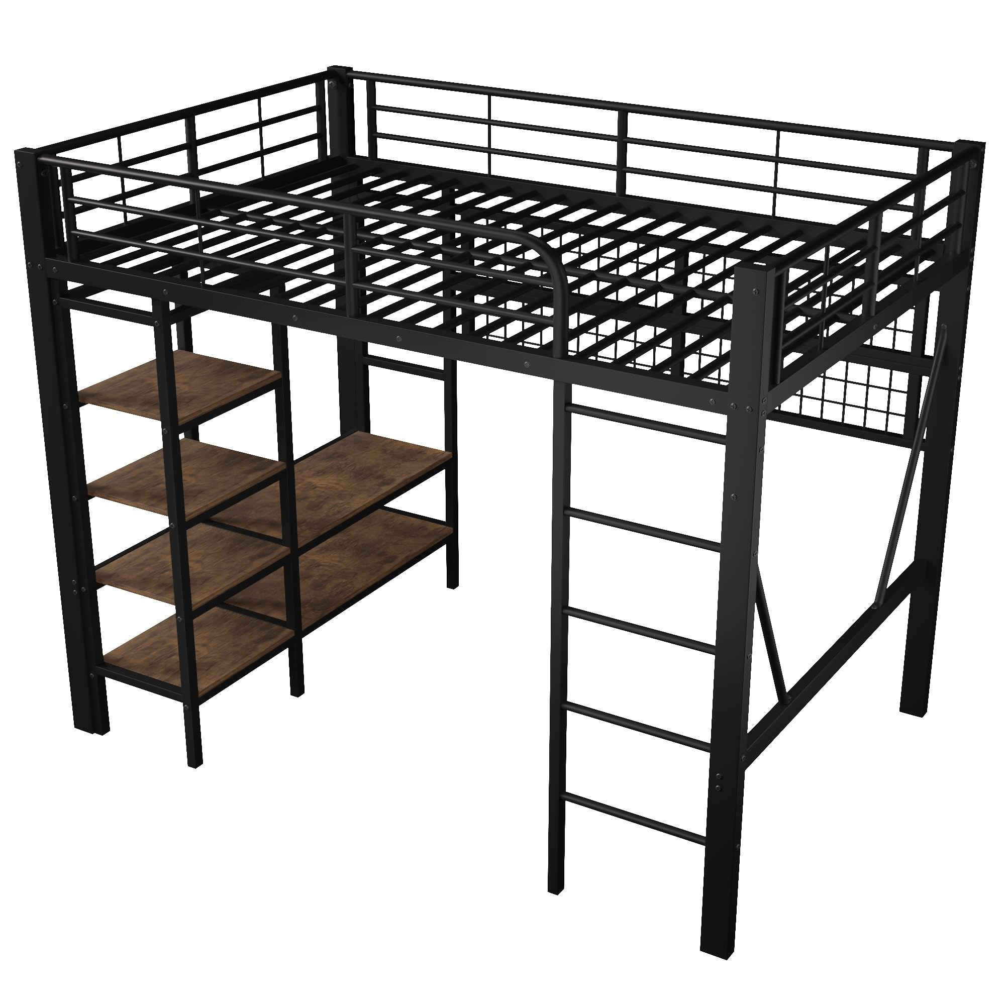 Lubvtti Letto a soppalco in ferro 140 x 200 cm con striscia luminosa a LED,vano portaoggetti,rete per appendere gli oggetti,asta appendiabiti,letto a castello per bambini,struttura letto singolo,Nero