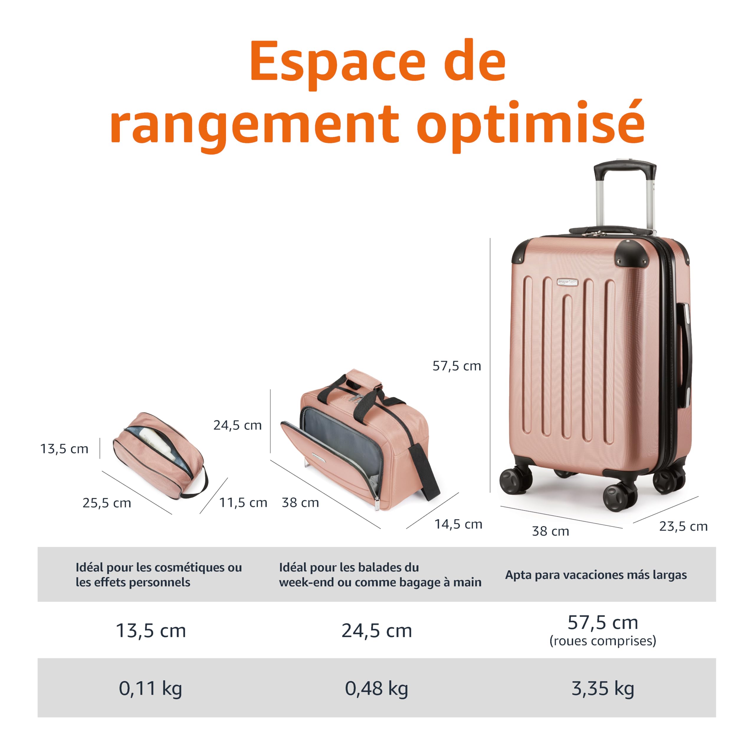 Amazon Basics Ensemble de Bagages Rigides, 3 Pièces, Bagage Cabine, Sac Fourre-Tout de Voyage Compact, Extensible, 4 roulettes Pivotantes, Or Rosé