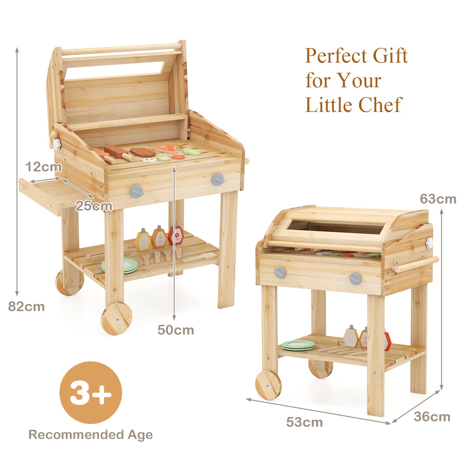 HOMASIS Cuisine de jouet d'extérieur pour barbecue avec ustensiles de barbecue et pots d'épices, ensemble d'imitation de cuisine pour enfants de 3 ans et plus, 53 x 36 x 63 cm, naturel