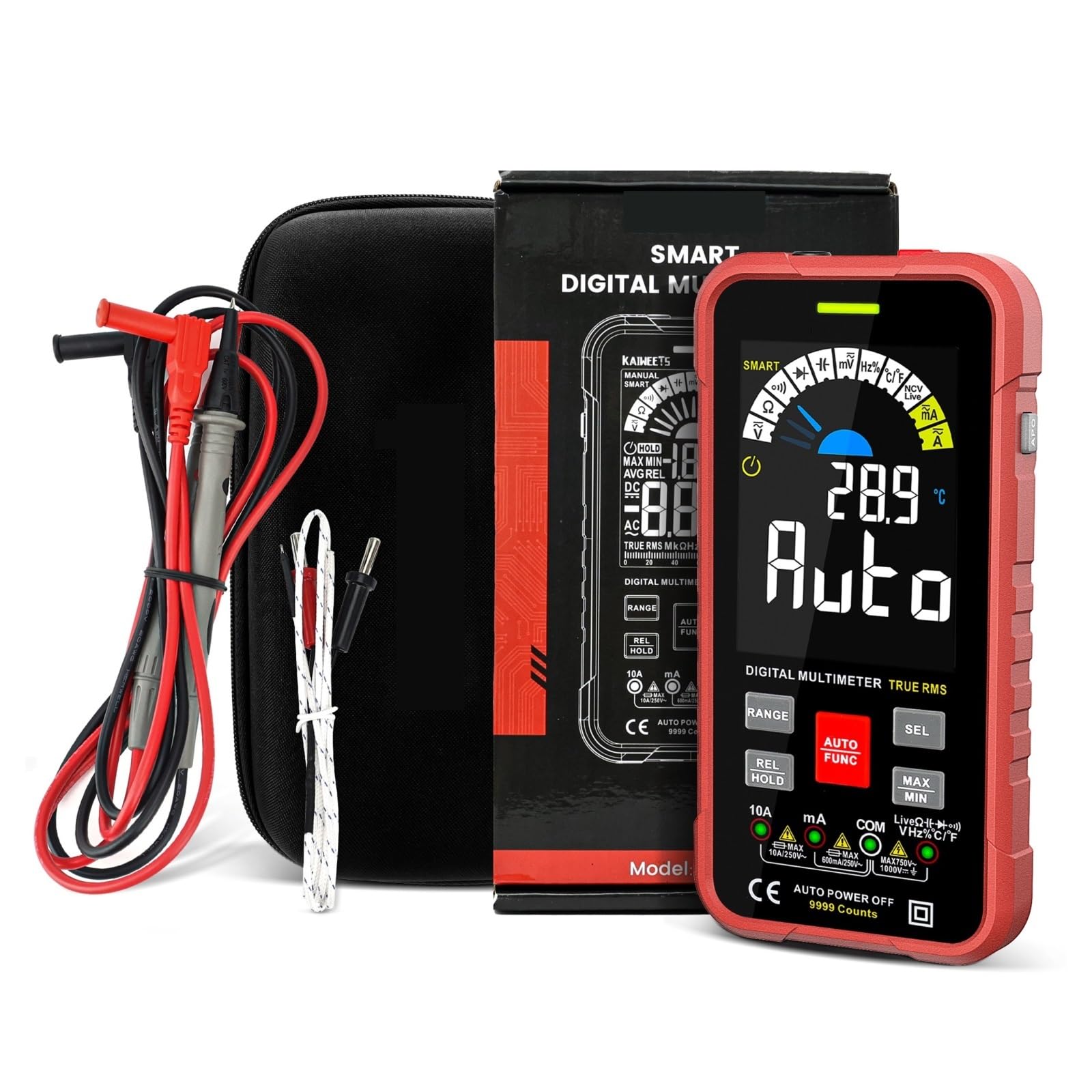 9999 Liczy Multimetr Cyfrowy Smart Auto Zakres 1000V 10A Miernik Testowy Ohm Pojemność REL True AC DC DMM Szybko Dokładnie Łatwy Odczyt(Red)