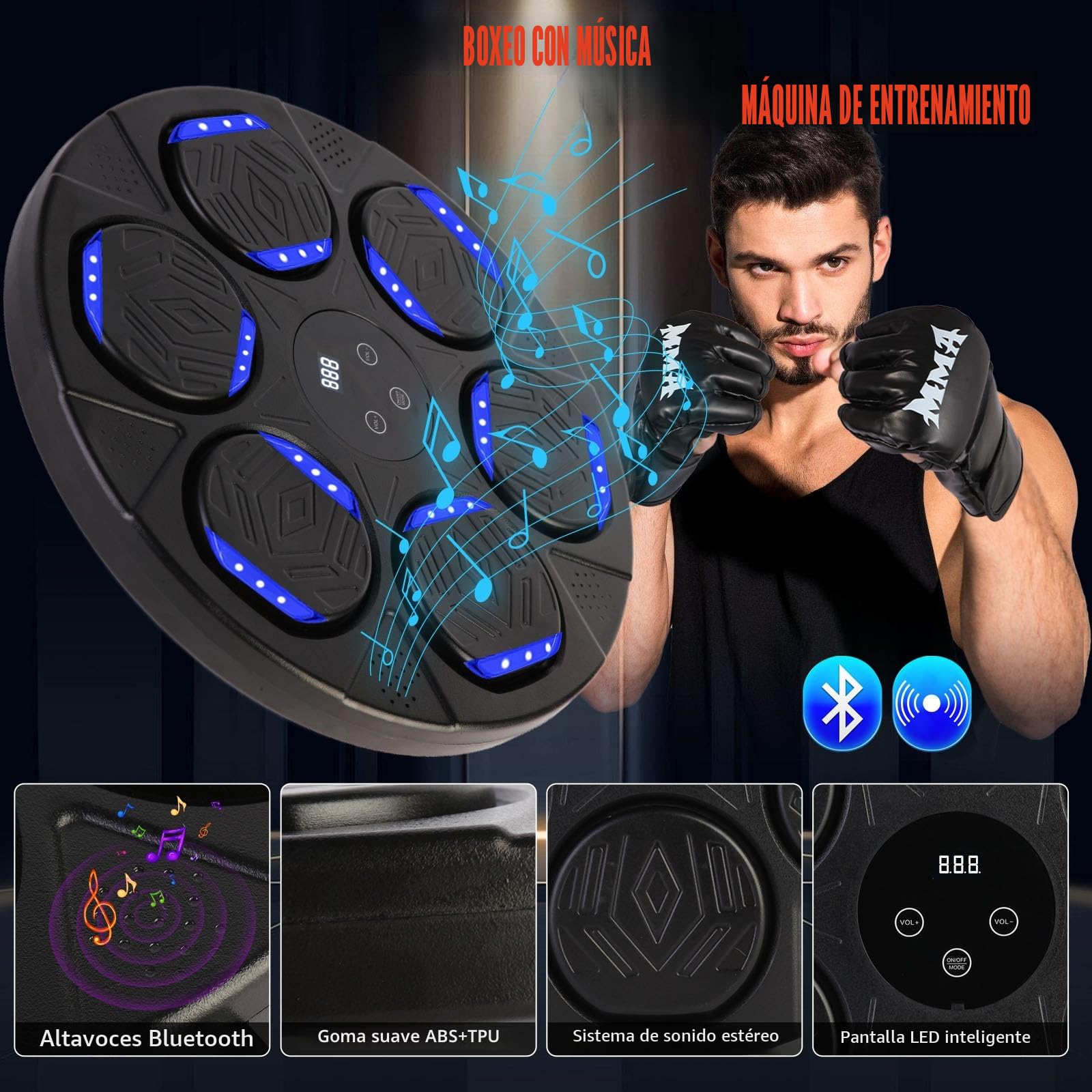 Máquina de Boxeo con Música, Máquina de Boxeo de Montaje en Pared, Entrenador de Boxeo Inteligente Bluetooth con Luz LED, 7 Modos de Velocidad, Guantes de Boxeo para Adultos y Niños para