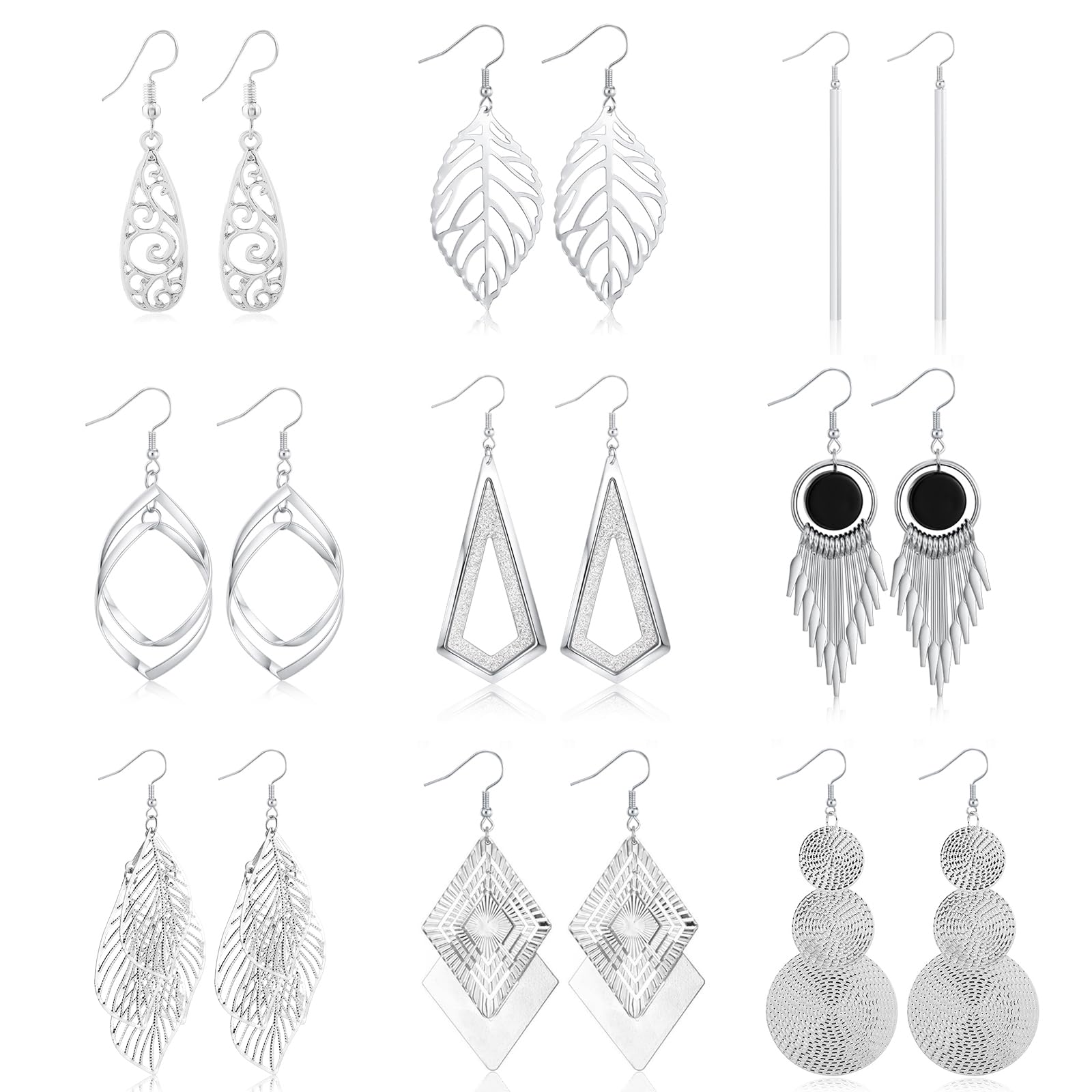 Hifot 9 Pares Pendientes Mujer Plata, Set Pendientes Largos, Flecos Hoja Pendientes Vintage para Fiesta Regalos para Mujer Conjunto De Joyas Con para Mujeres Niñas