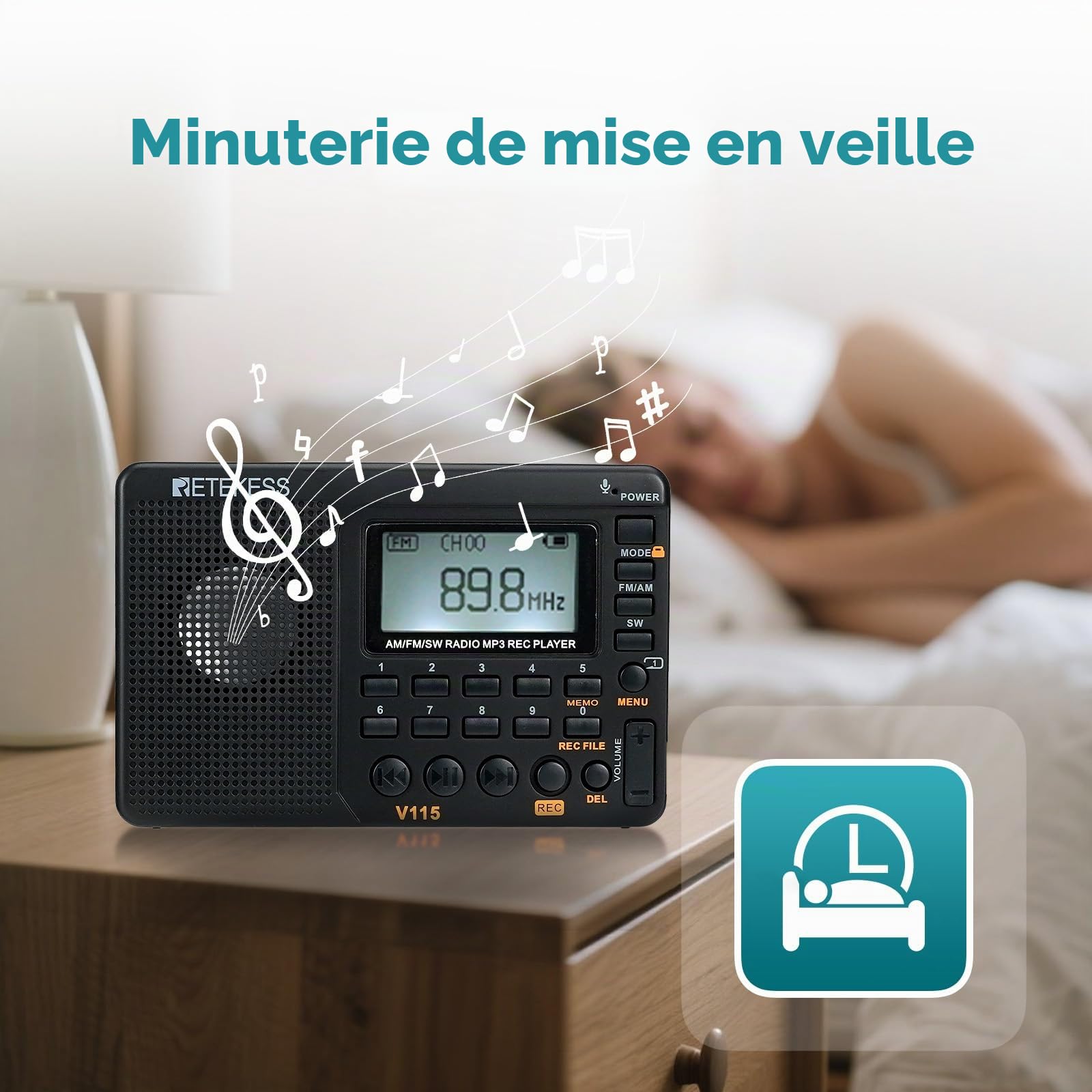 Retekess V115 Radio Portable,Petite Radio Rechargeable,FM AM SW, Piles et Secteur,Carte TF,Enregistreur, MP3,Minuterie de Sommeil,Salle de Bain,Cuisine(Noir)
