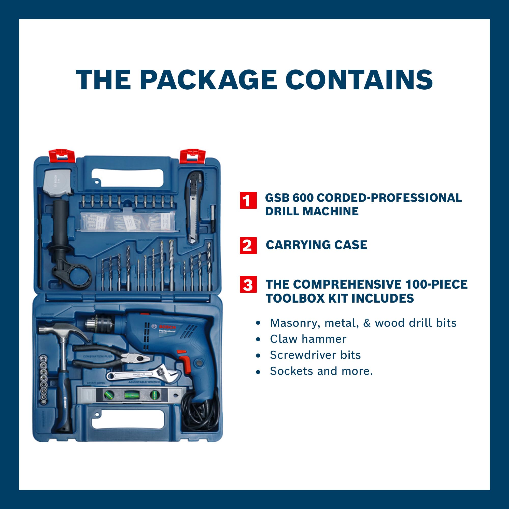 BOSCH GSB 600 Corded Electric Impact Drill, 100Pcs Accessory Set | 600 W Motor | Speed of 3000 RPM | Rated Torque of 1.4 Nm | Impact rate of 48000 BPM | Double Insulation | 1 Year Warranty