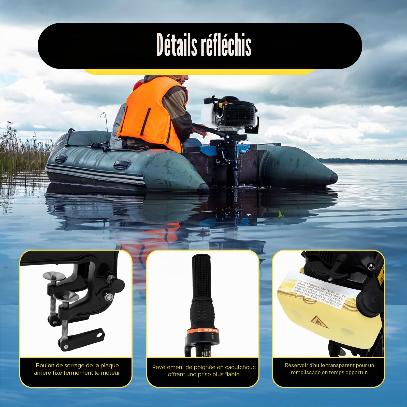 Moteur hors-bord à essence 4 temps 4 CV avec système de refroidissement à eau, allumage CDI, système de refroidissement à eau, vis de serrage de plaque arrière, pour bateaux gonflables, bateaux de