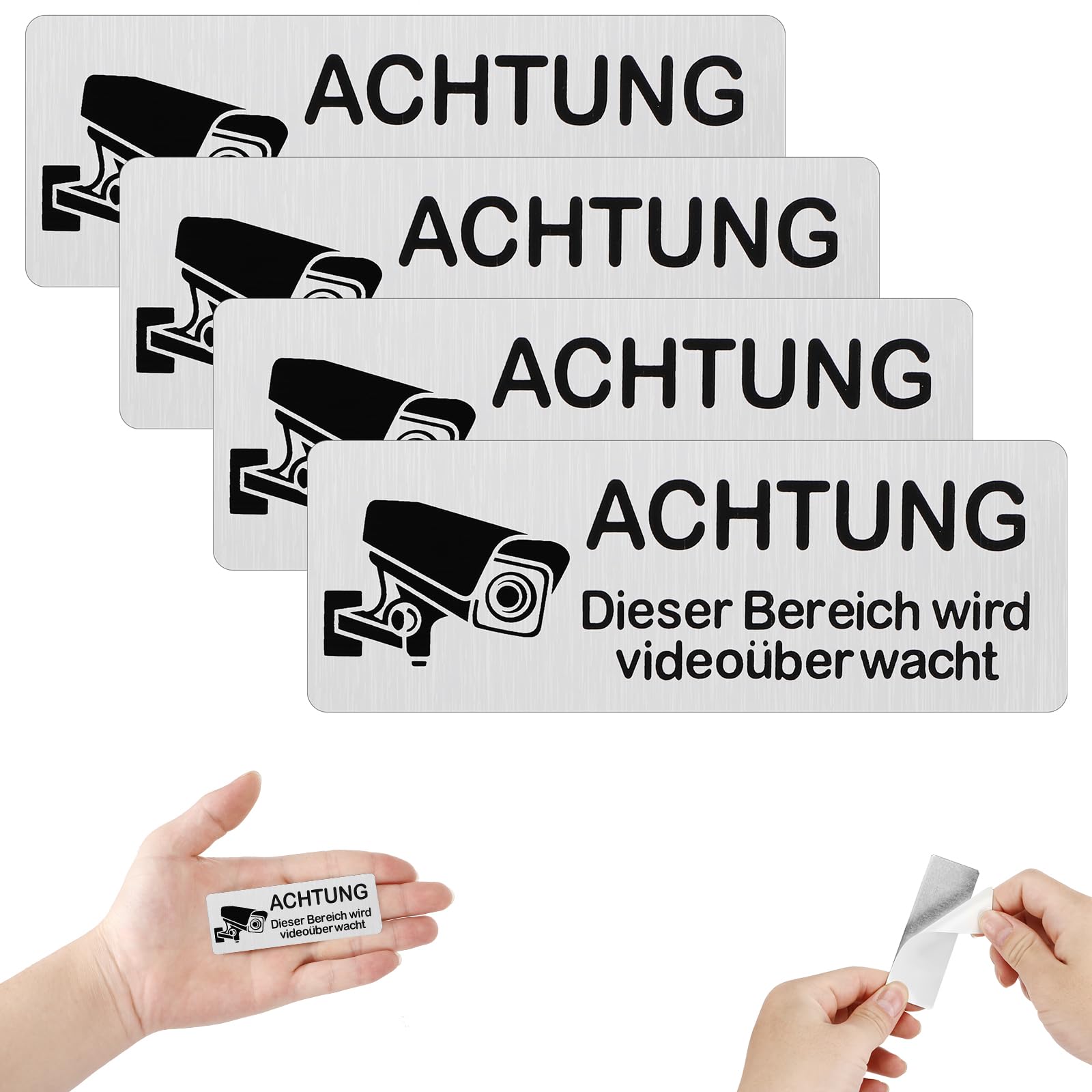 Zikenis 4 Stück Videoüberwachung Schilder,Selbstklebend Aluminium Schild Warnschild,Aluminium Hinweisschild Kamera Überwachung Schild,für Innen und Außenbereich,85×30mm