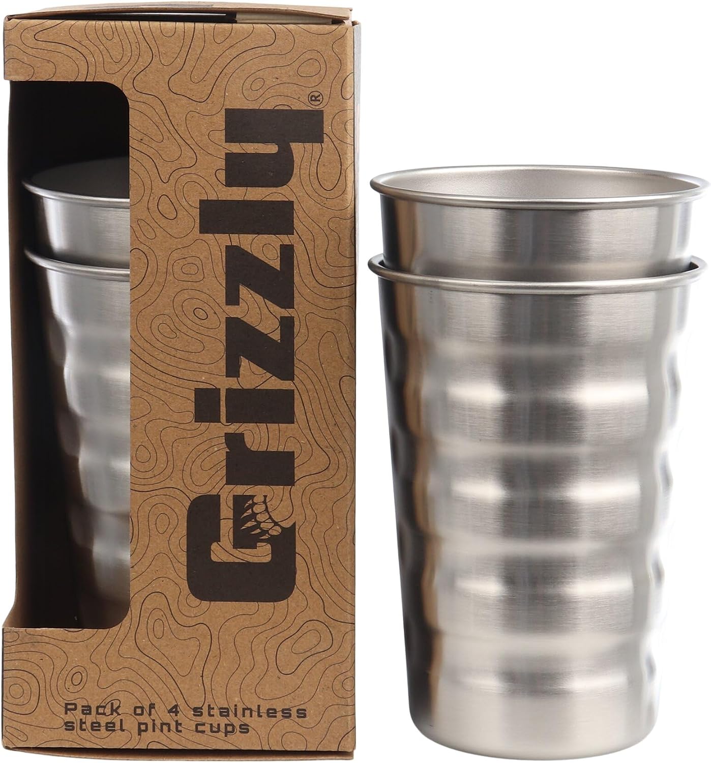 Grizzly Grip Party Pack | 4-Pack of Pint Cups | Stainless Steel | Non-Skid Pad | Integrated Grip Design