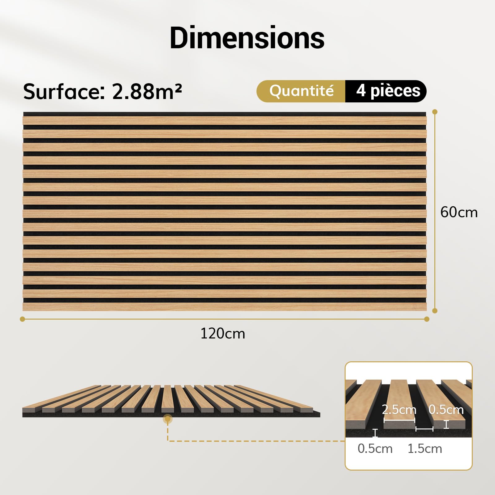 TONOR Panele akustyczne drewniane, 4 sztuki 120x60 cm - 2,88m² Panele ścienne drewniane jako płyty dźwiękochłonne, okładzina ścienna w drewnianym stylu do dekoracji ścian salonu, biura, kuchni, teak