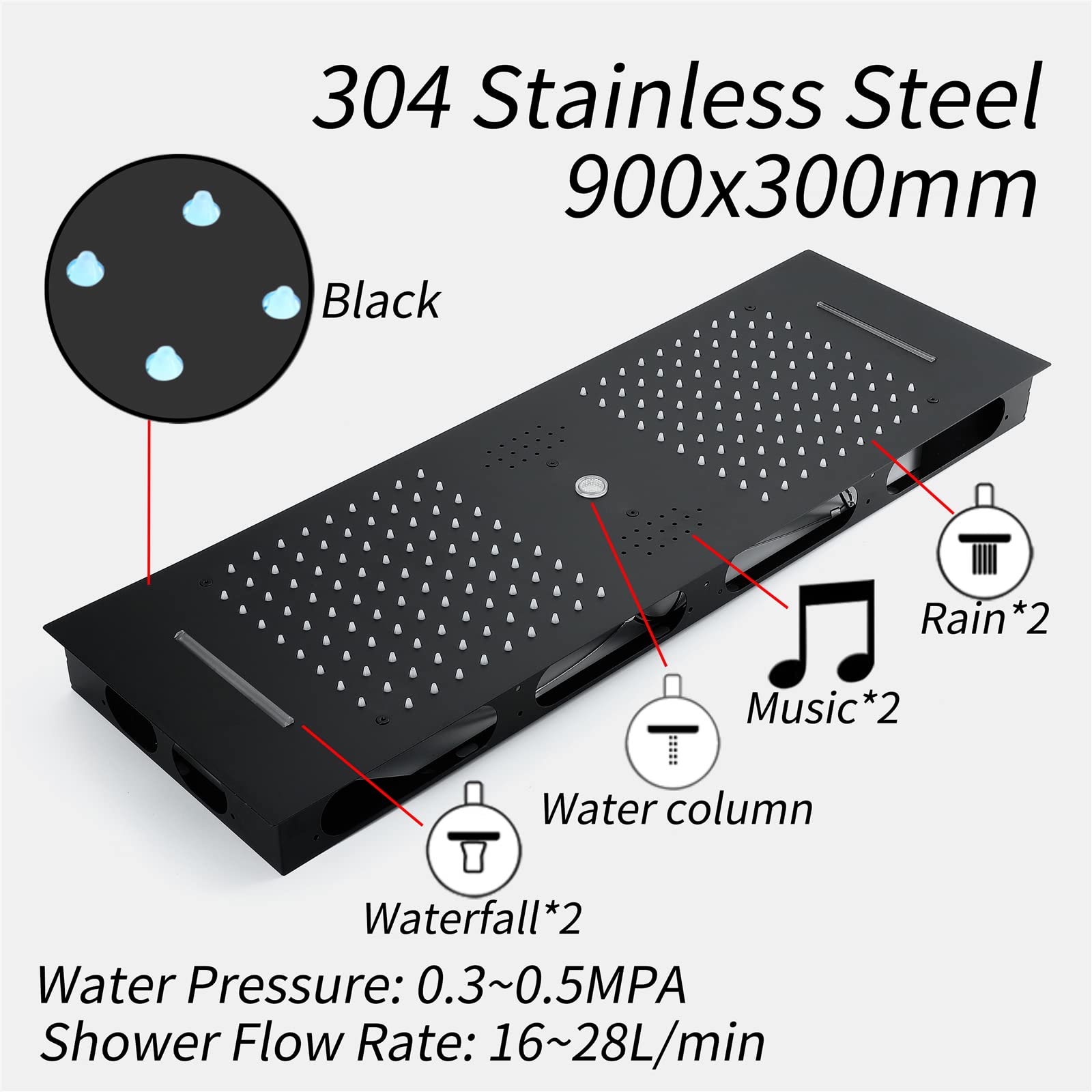 LED Música Rociador Ducha 90x30cm Negro Alcachofas Fijas para Ducha 3 Funciones 64 Colores Alcachofa de Ducha Rectangular 304 Acero Inoxidable Cabezal de Ducha Lluvia,Touch Control