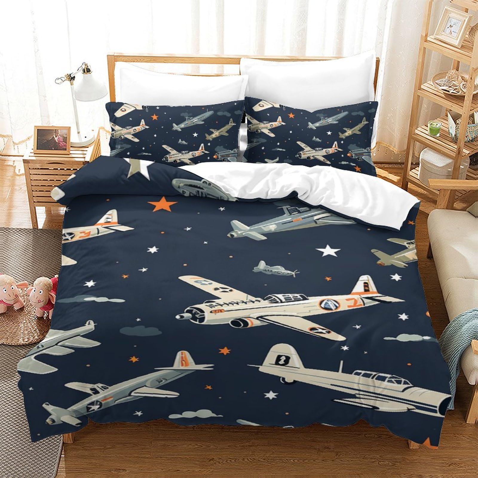 Housse de couette avion imprimé 3D avec fermeture éclair pour lit simple 140x200