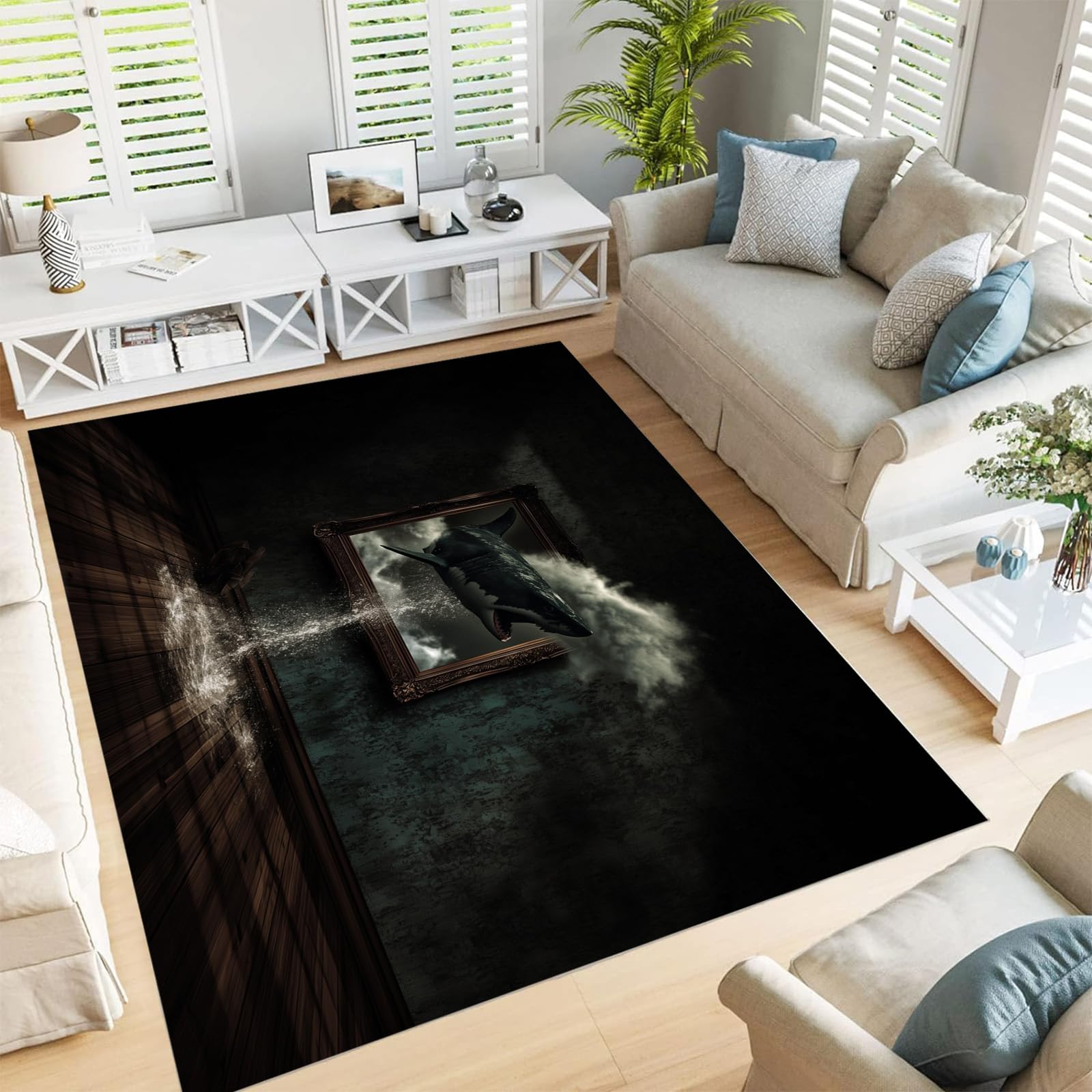Tapis antidérapant pour salon et chambre motif requin style réaliste