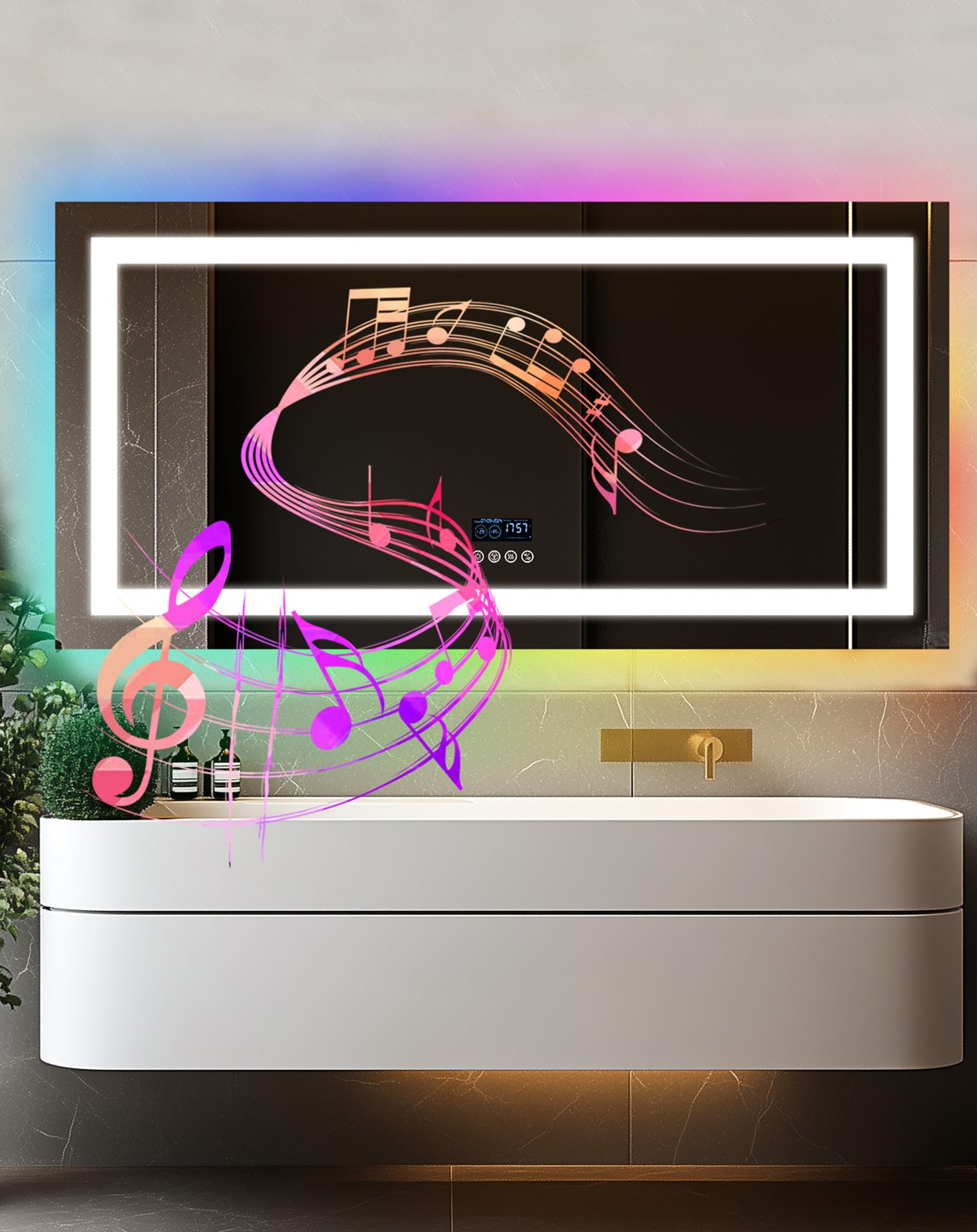 LUVODI Bathroom Mirror with LED Lights: 1200x600mm Large Wall Illuminated Mirror with Bluetooth Dimmable 3 Colours Front Light + RGB Backlit, Anti-fog, Memory Function, Time Temperature Display