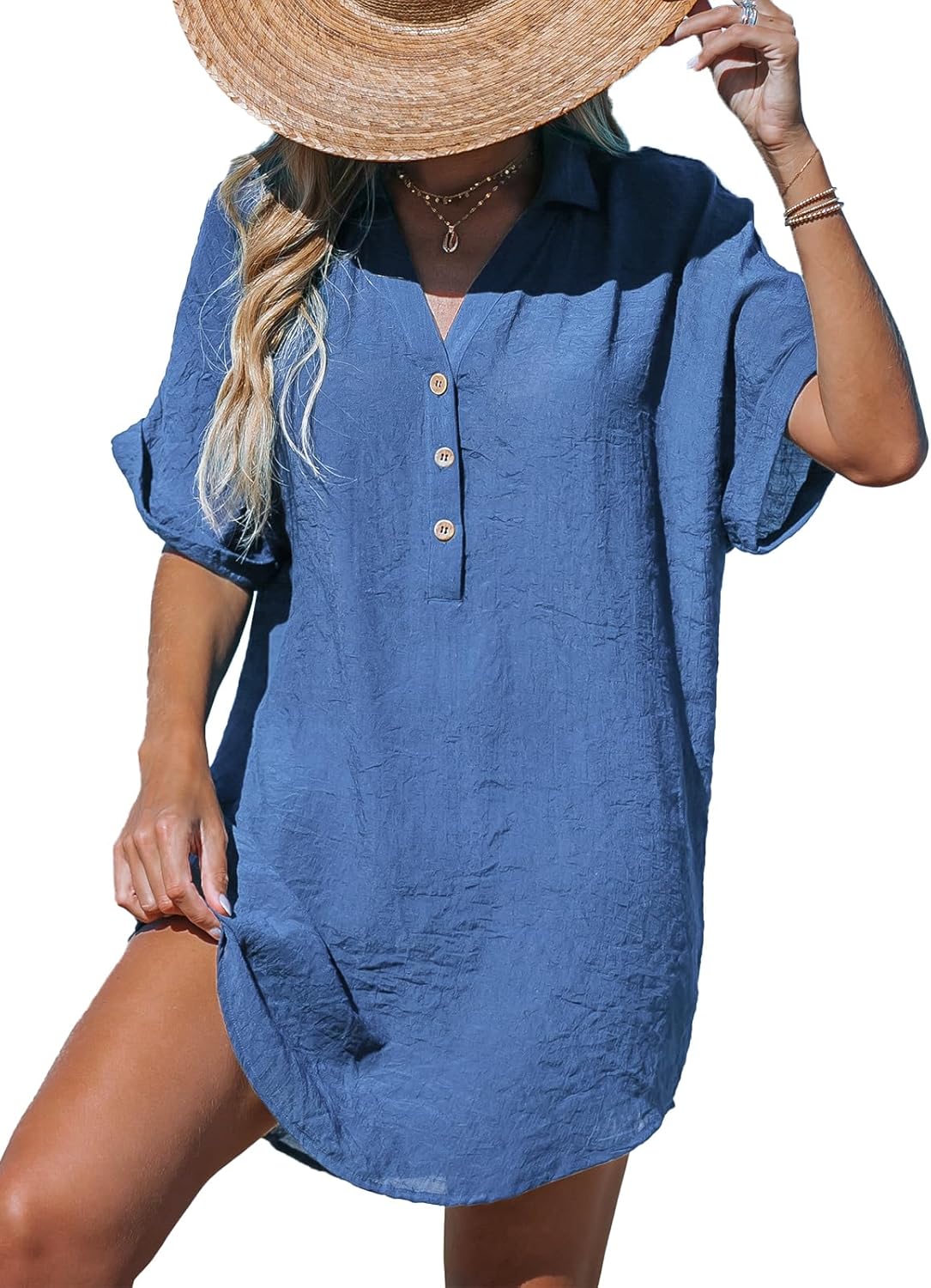CUPSHE Women Swimsuit Cover Up V Neck Short Sleeve Button Front Beach Coverup Shirt Dress