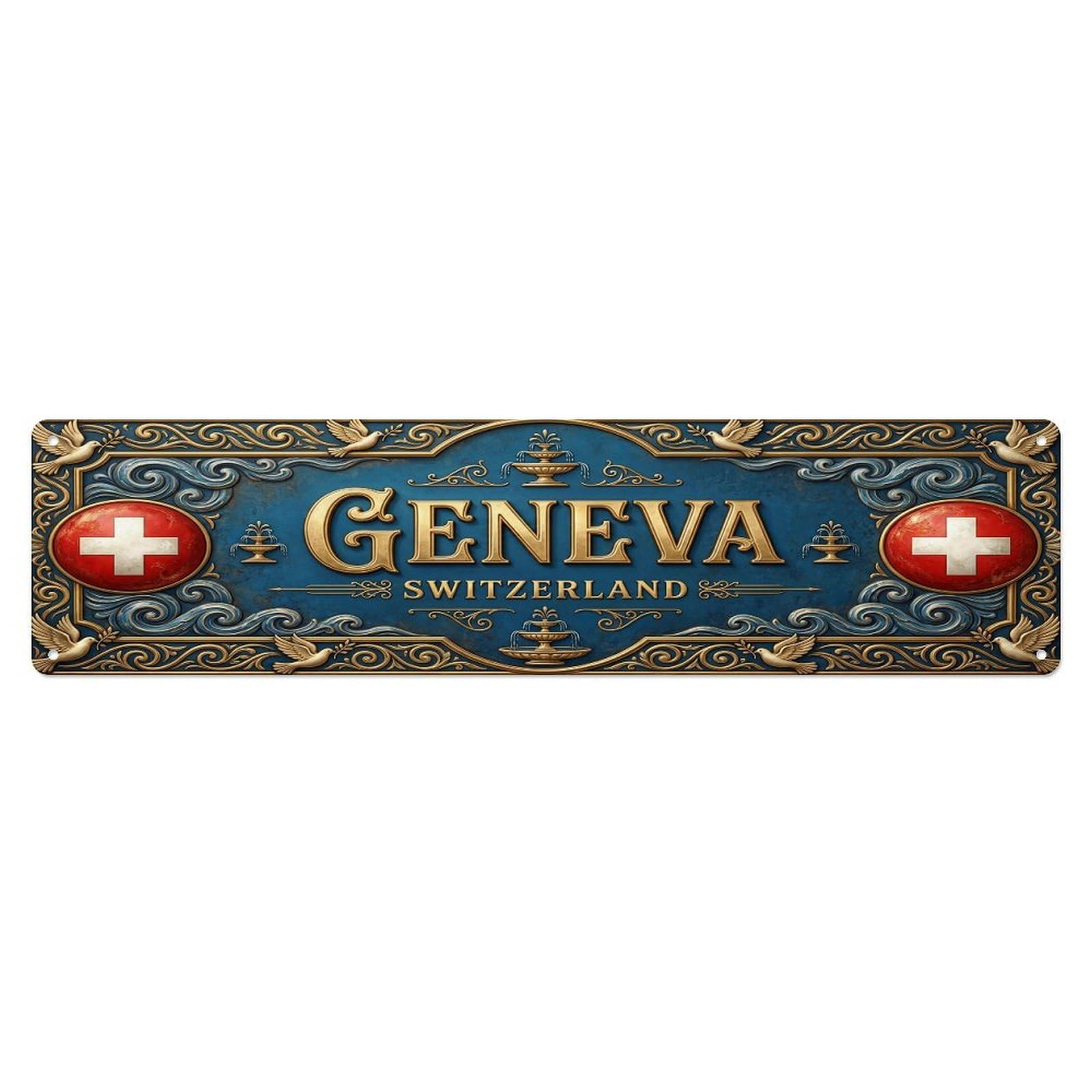 Olhnbad 4X16inch(10X40cm) Vintage Geneva Switzerland Flag Pattern Metal Tin Sign
