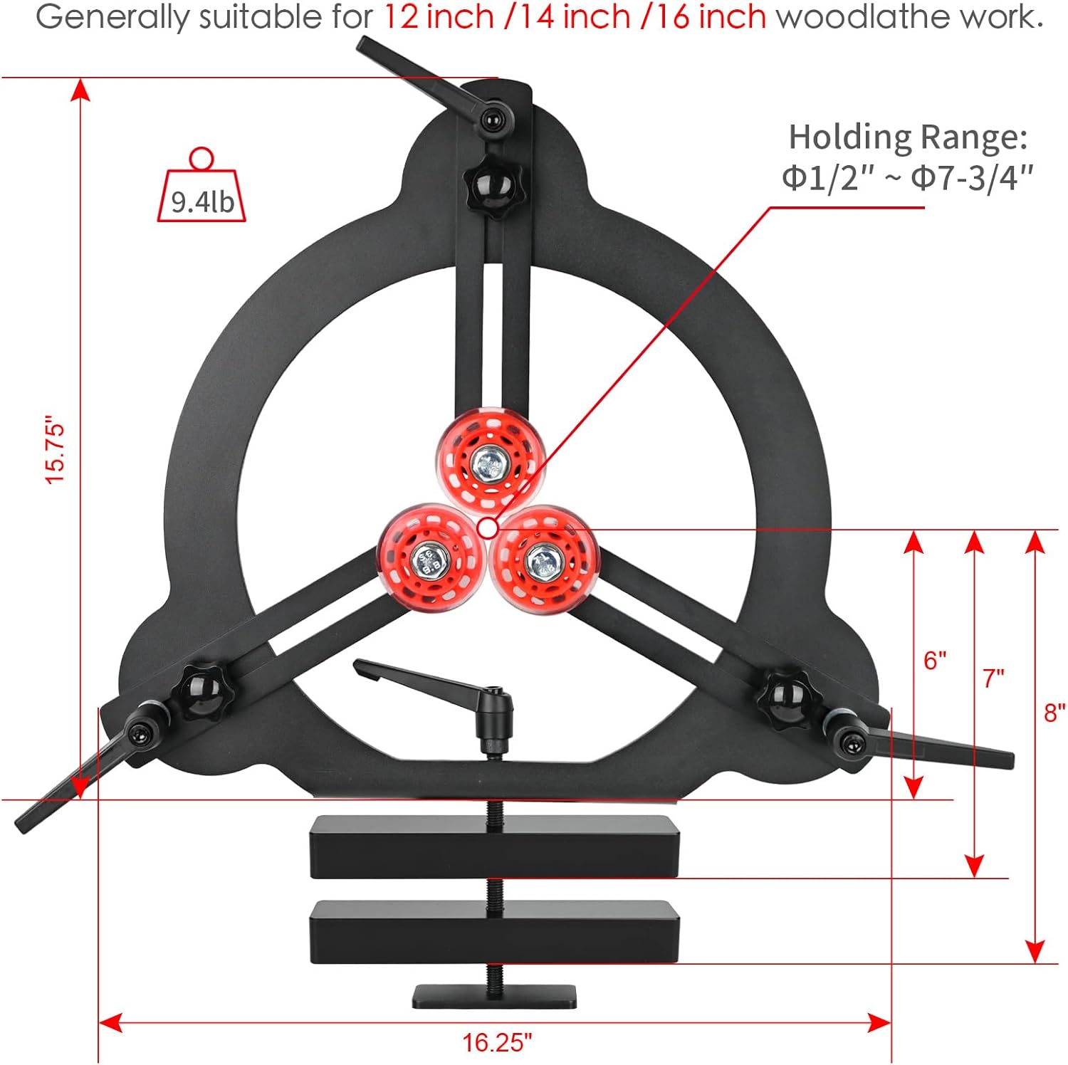 Woodturning Steady Rest for 12inch,14inch and 16inch Swing Size Wood Lathe for Spindle Woodturning ZICT