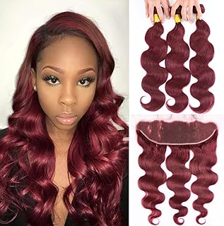 Burgundy Brazilian Human Hair Bundles with Ear to Ear Lace Frontal Closure Pre Plucked Body Wave #99J Pure Wine Red 12"+14" 16" 18"