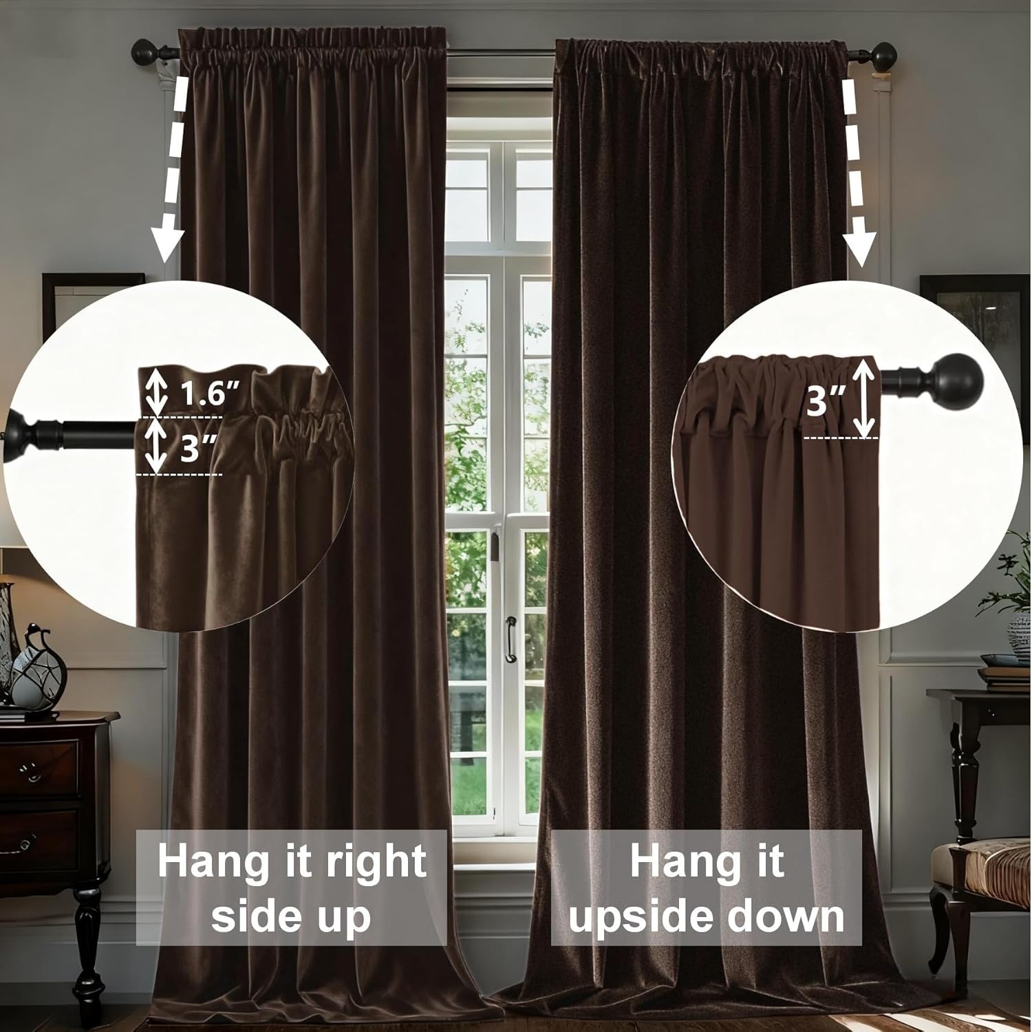SMILETIME Brown Velvet Curtains with Dual Rod Pockets 52×108 Inches Light-Filtering Thermal Insulated Drapes for Bedroom & Living Room, Energy Saving, Set of 2