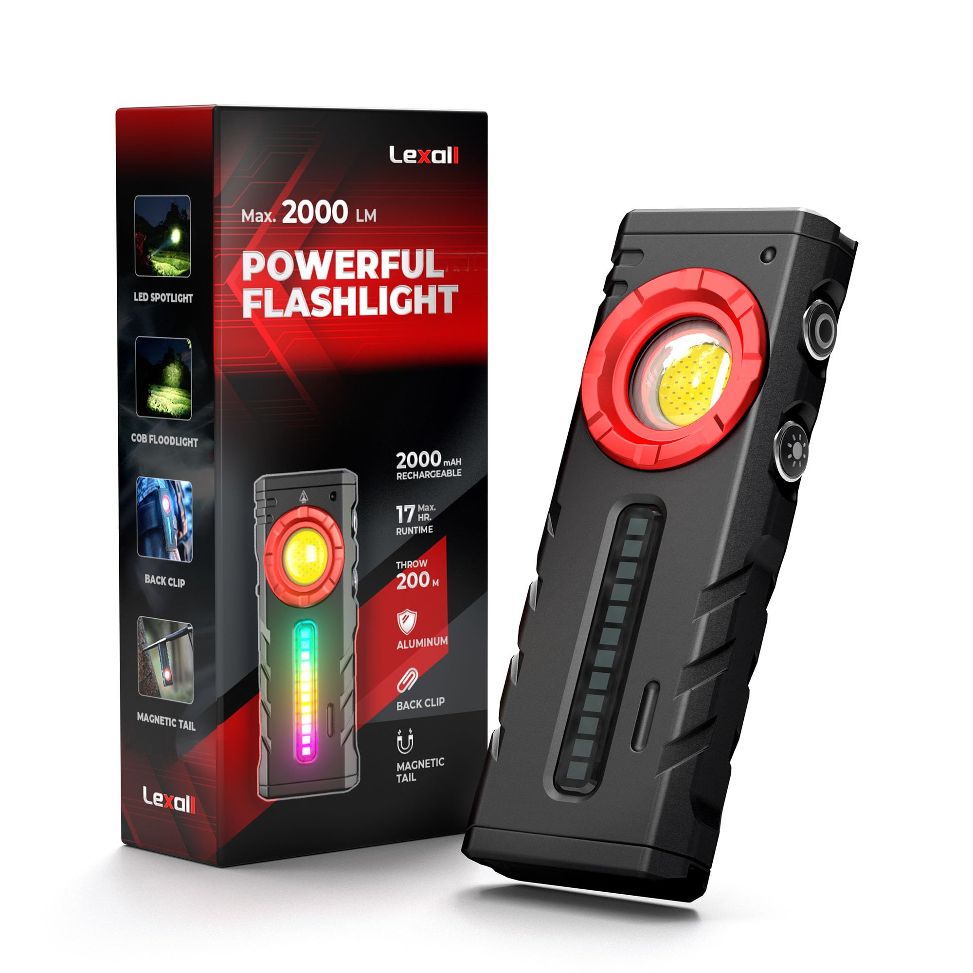 lexall Linterna E6 EDC | 2000 lúmenes recargables, foco 3 en 1 COB reflector RGB luz lateral, 8 modos, bolsillo magnético con clip