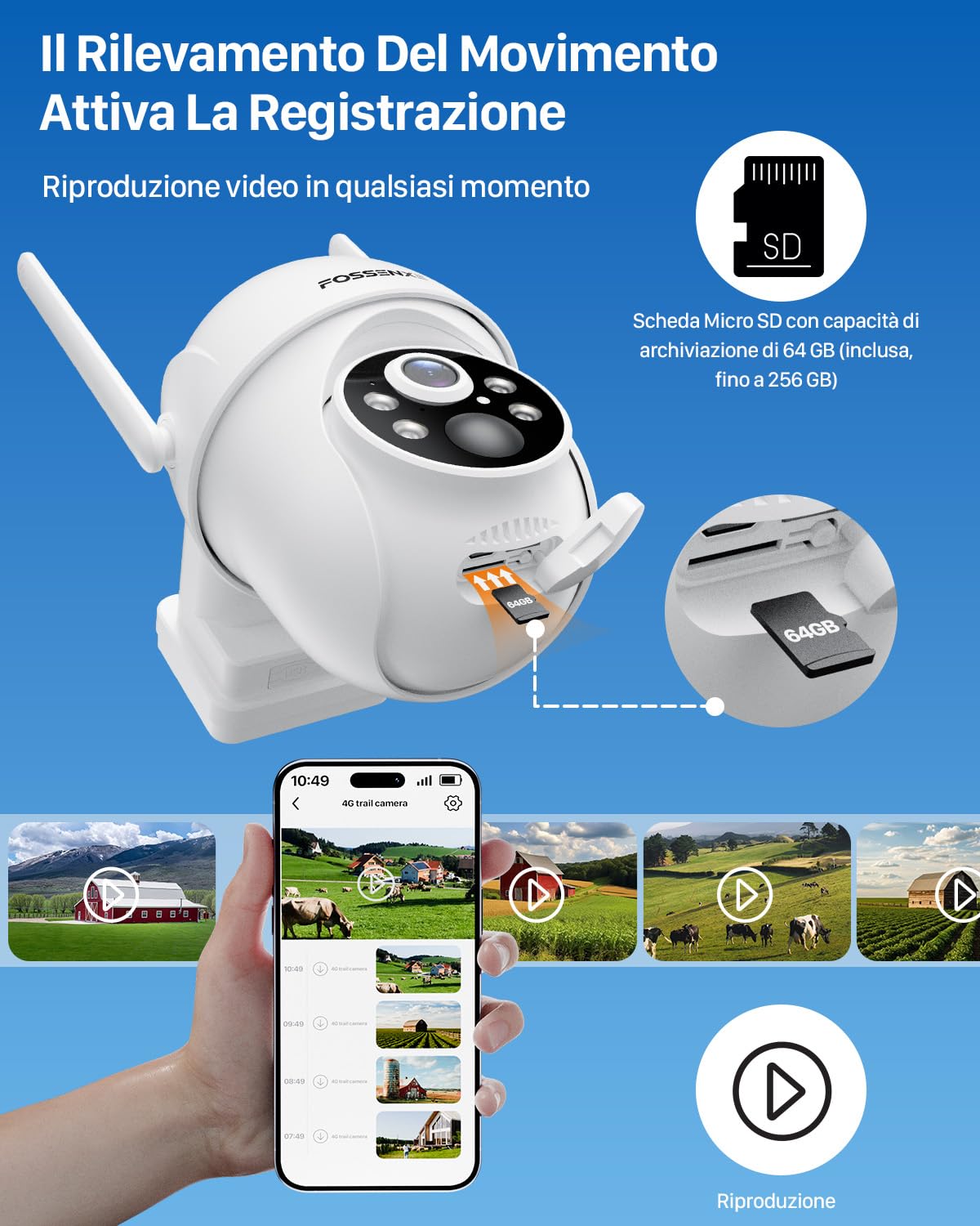 4G Telecamera Solare Esterno con SIM, 2K HD Telecamere Senza Fili e 64 GB di Memoria, Visione Notturna, Tracciamento Automatico, Audio Bidirezionale, IP66 (Nessun supporto WiFi)