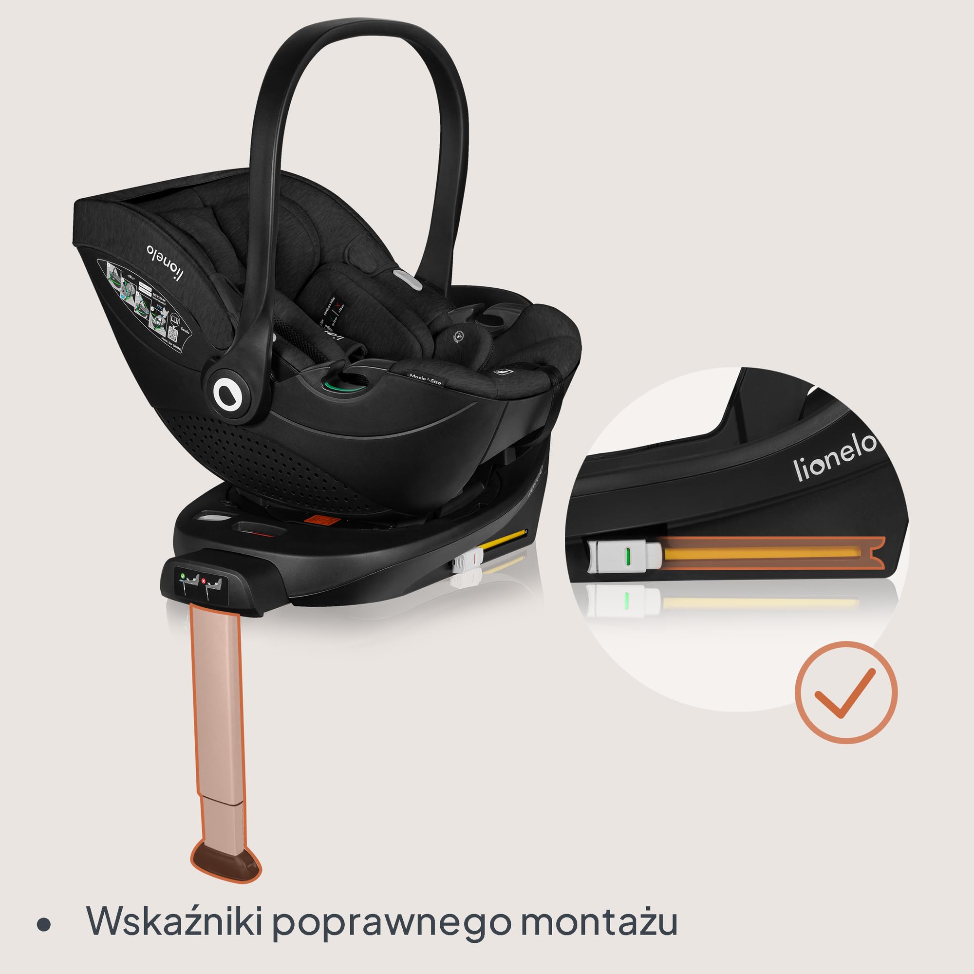 LIONELO MOXIE i-Size Base Baza do Fotelika Samochodowego Moxie i-Size, Montaż ISOFIX i Nogi Stabilizacyjnej, Montaż Zatrzaskowy, Wskaźnik Prawidłowej Instalacji