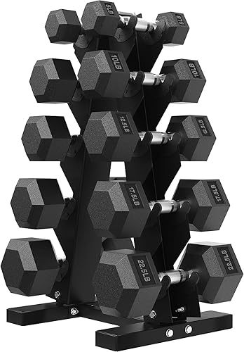 Miniatura 10 de Juego de mancuernas hexagonales con estante, mancuernas de goma de 150 a 400 libras para entrenamiento de fuerza, ejercicio y fitness, juego de