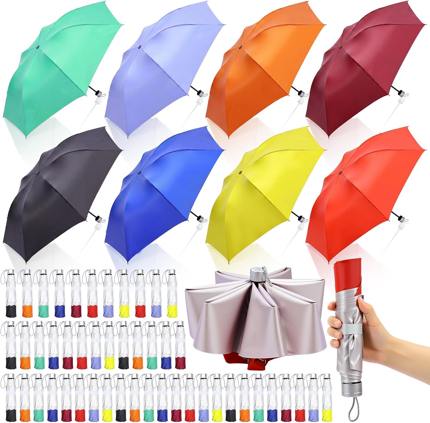 Eccliy 48 Pack Bulk Folding Umbrellas Colorful Windproof Travel Mini Umbrella Pack for Rain Sun, Lightweight Portable Design Compact Folding Umbrella for Men Women