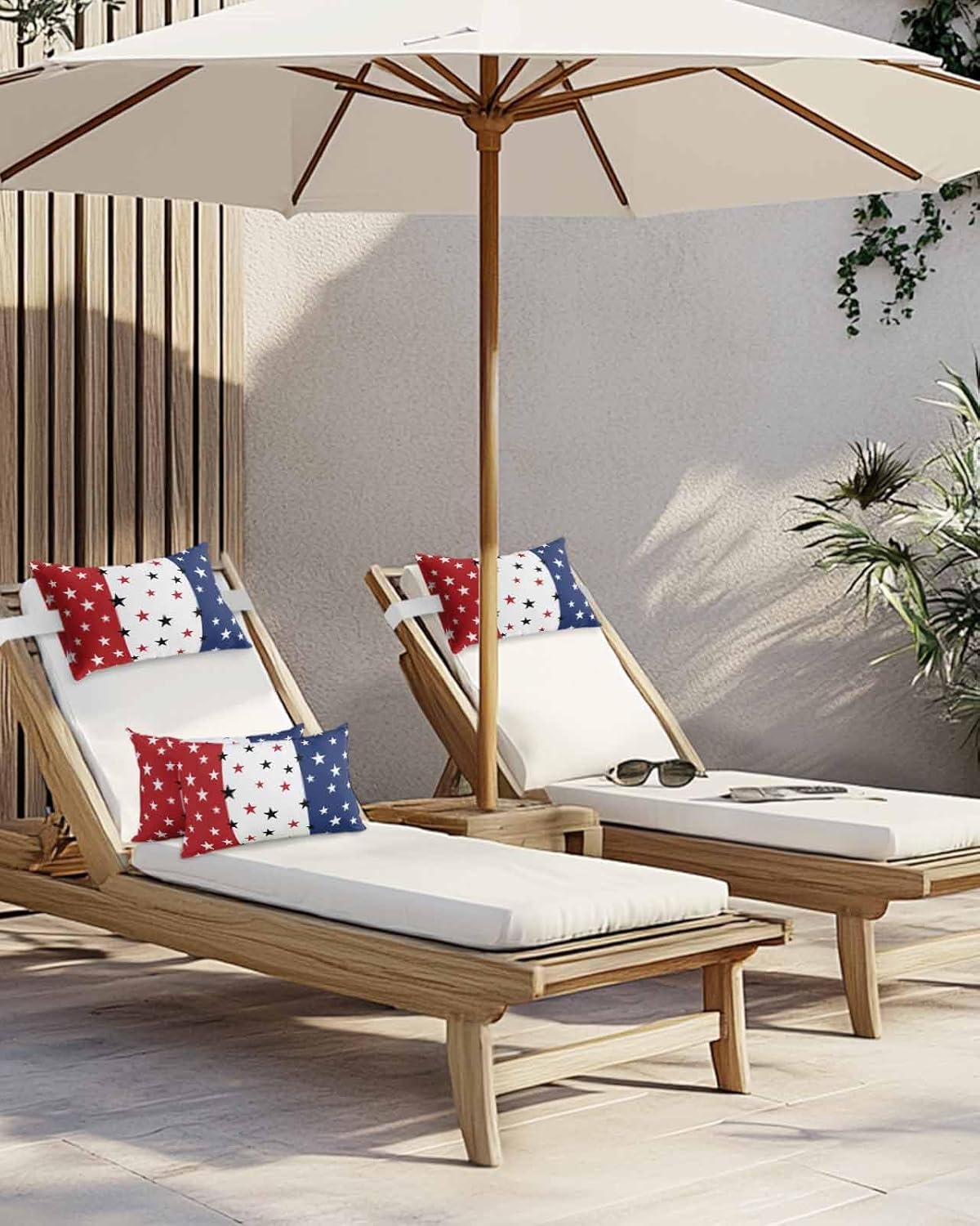 Independence Day Outdoor Chaise Lounge Head Resting Pillows 2 Pack, Stars Stripes American Flag Waterproof Patio Furniture Pillow with Insert Adjustable Elastic Stripe for Recliner Beach Chairs