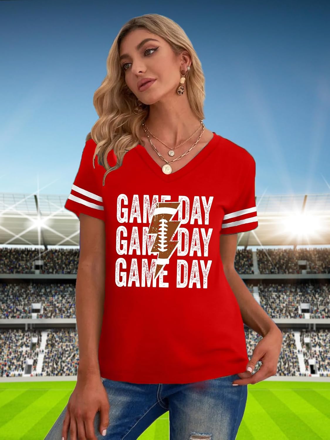 Football Shirts for Women: Game Day Tshirt Football Season Graphic Tee Sunday Funday Short Sleeve V Neck Top - Image 3