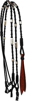 Pro Rider Horse Braided Leather Rawhide Romal Reins Silver Black Tack 6653
