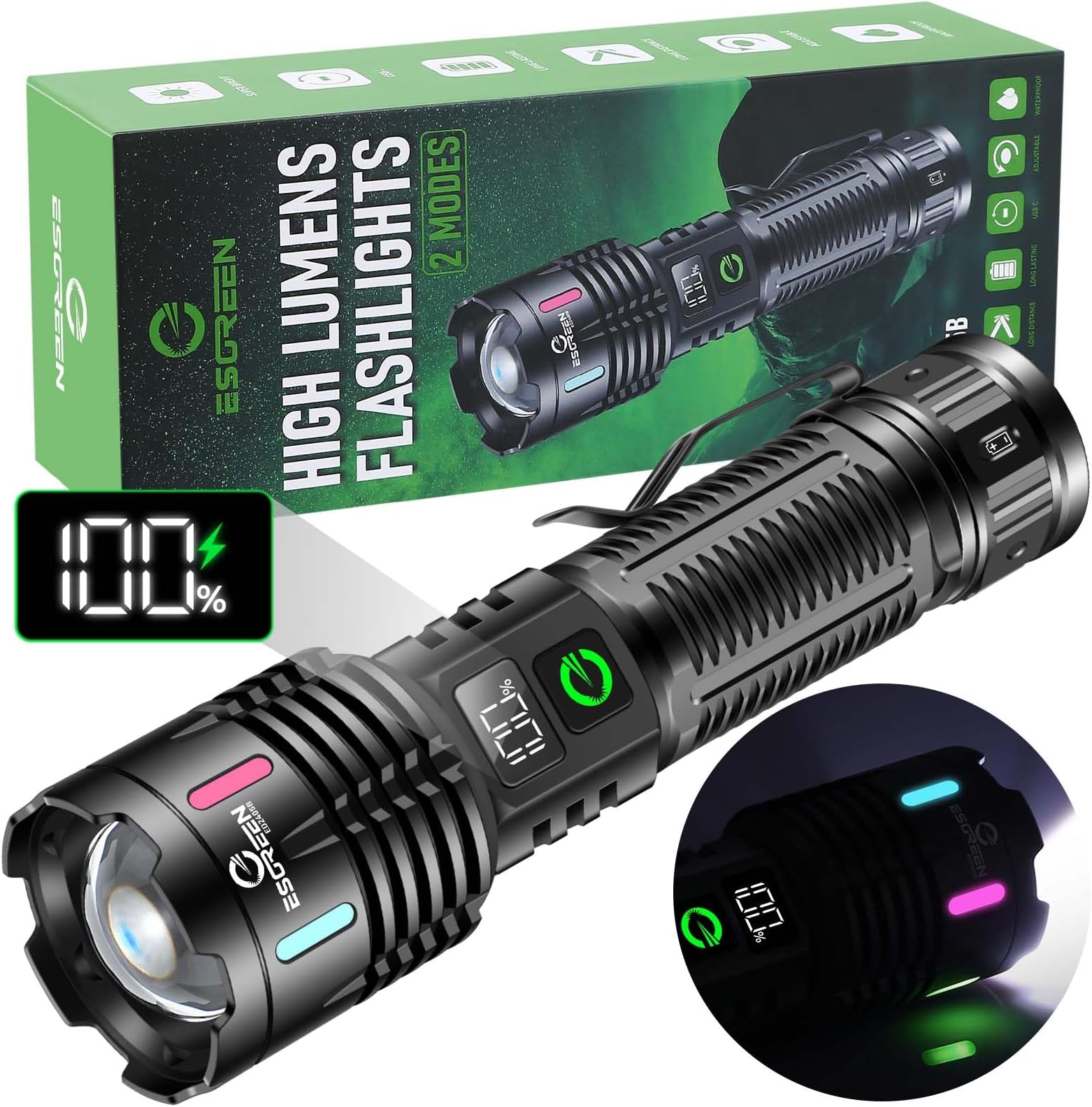 Esgreen Rechargeable Flashlights High Lumens 2000 Single 2 Modes, Super Bright LED Flashlight USB C Long Distance 3280ft, Powerful Long Lasting 10H Heavy Duty Strong Flash Light for Camping Hiking