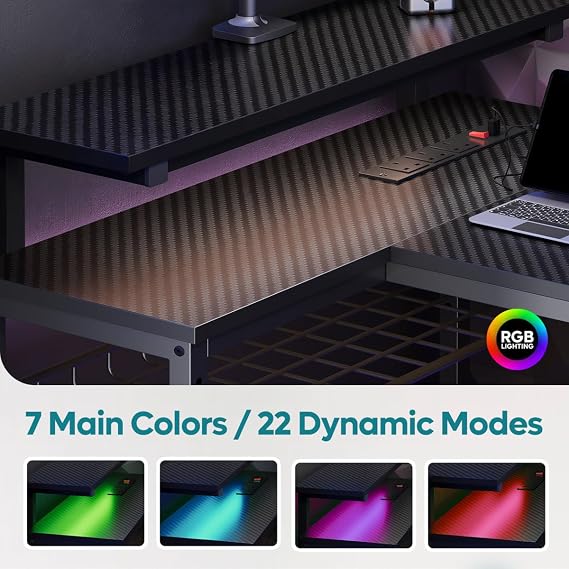 Bestier 147CM L-Shaped Gaming Desk with RGB Lights & Power Outlets, Reversible Corner PC Workstation with Storage & Hooks for Gamers or Home Office