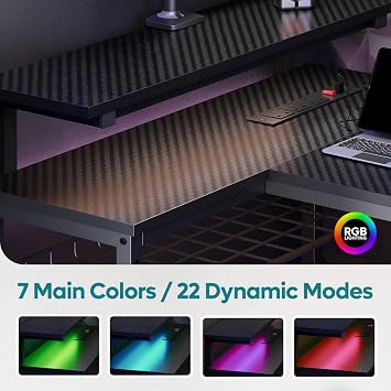 Bestier 147CM L-Shaped Gaming Desk with RGB Lights & Power Outlets, Reversible Corner PC Workstation with Storage & Hooks for Gamers or Home Office
